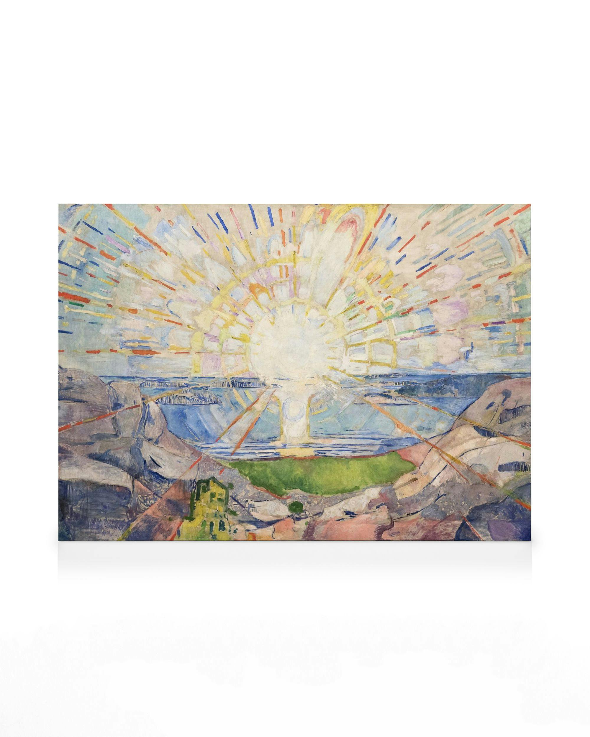 Obraz Solen Edvarda Muncha, zářící slunce nad skalami a mořem, malba na plátně.