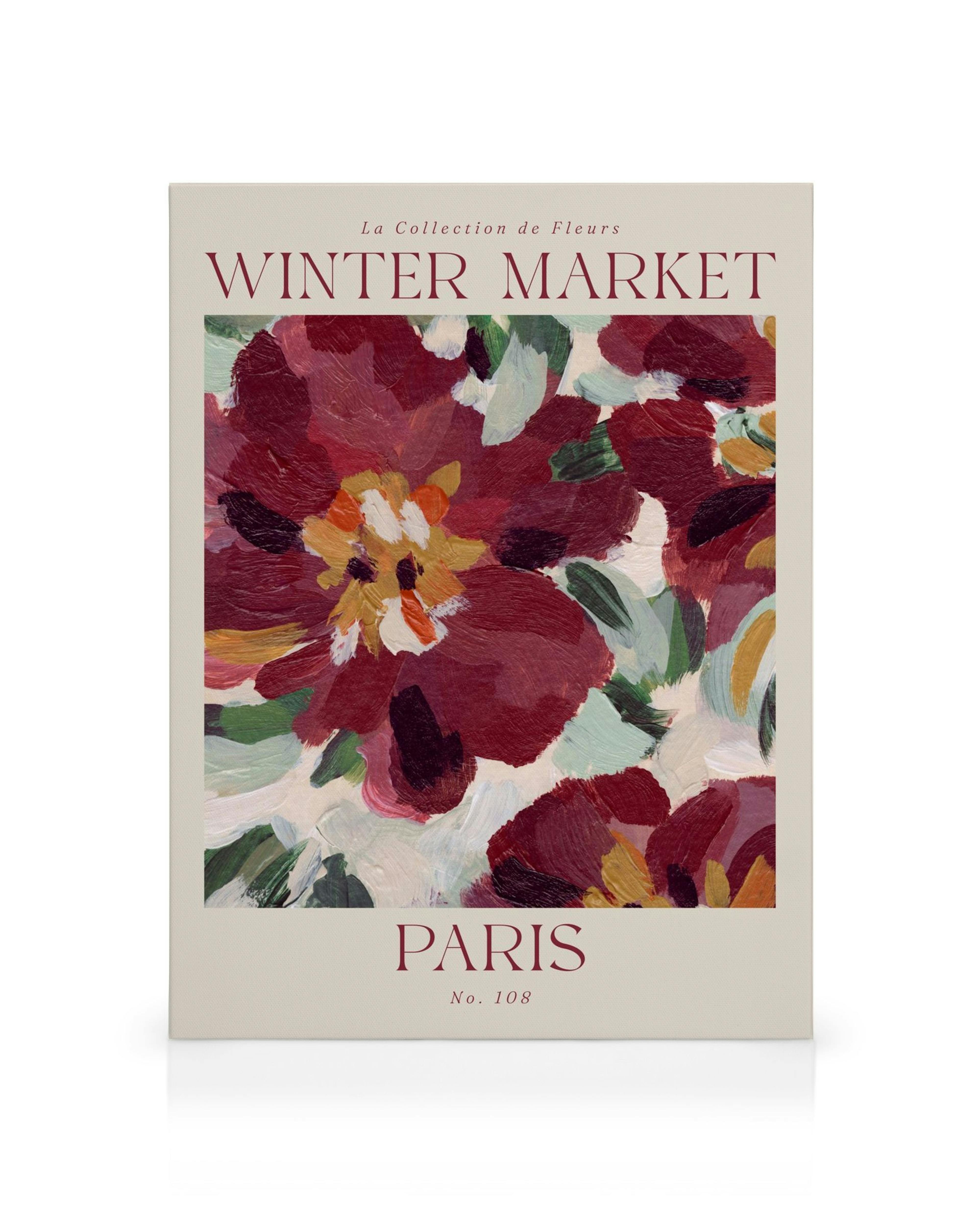 Impressionistic canvas art of vibrant red flowers, green leaves, and Winter Market Paris No. 108 text on a beige background.