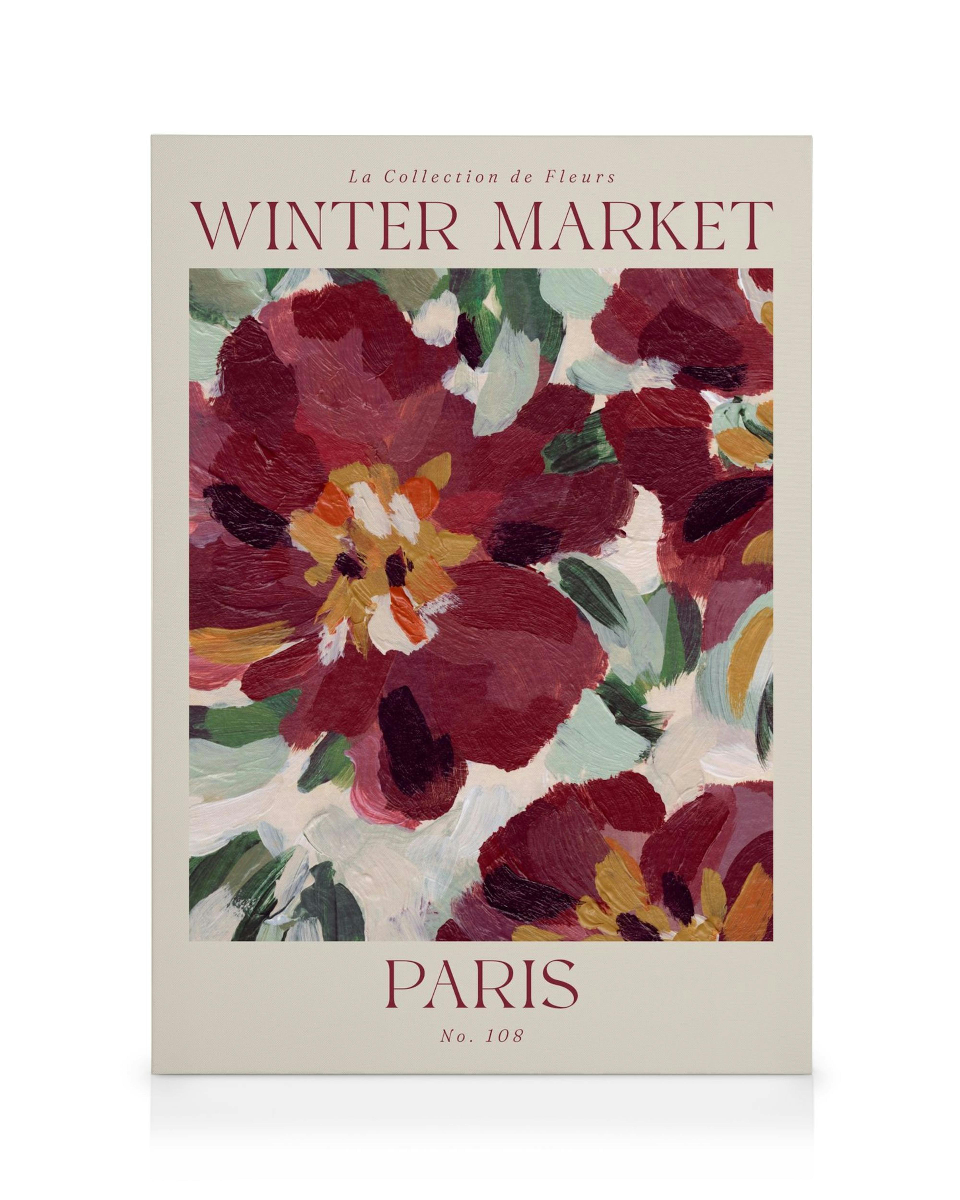 Impressionistic canvas art of vibrant red flowers, green leaves, and Winter Market Paris No. 108 text on a beige background.
