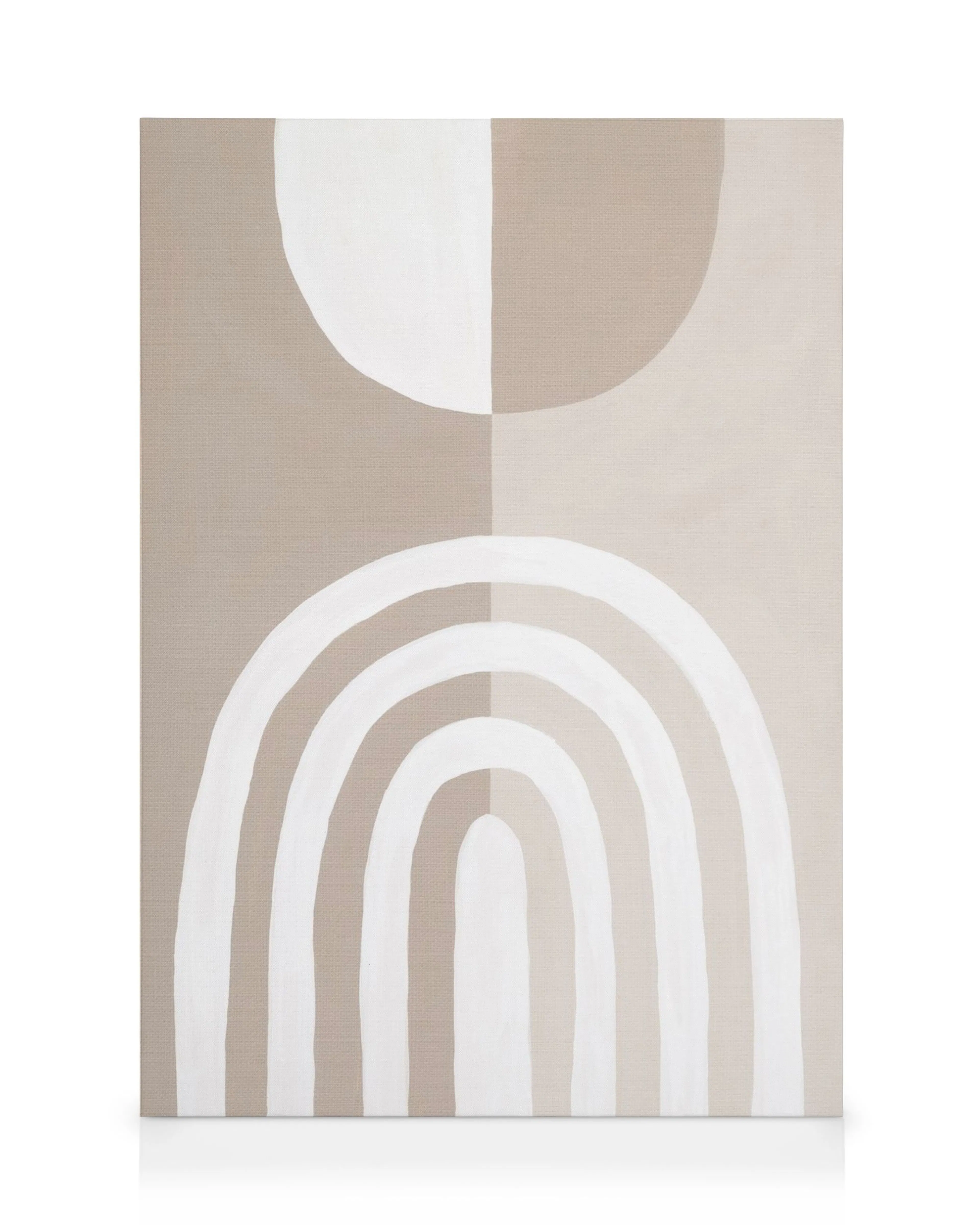 Tela de arcos brancos e formas sobre fundo bege, com textura visível. Arte abstrata moderna.