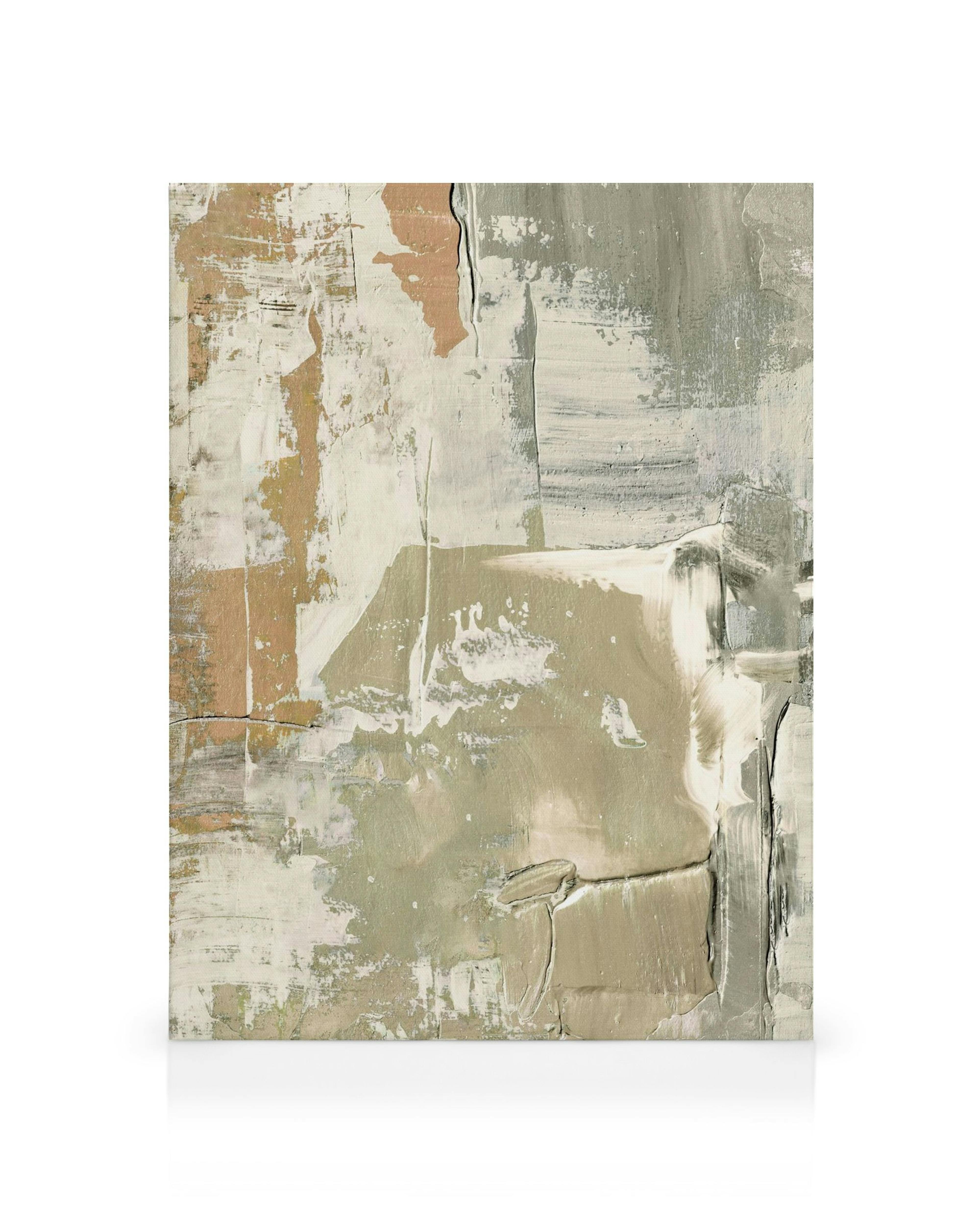 Tela decorativa abstrata com pinceladas texturizadas em branco, bege e cinza, lembrando uma parede.