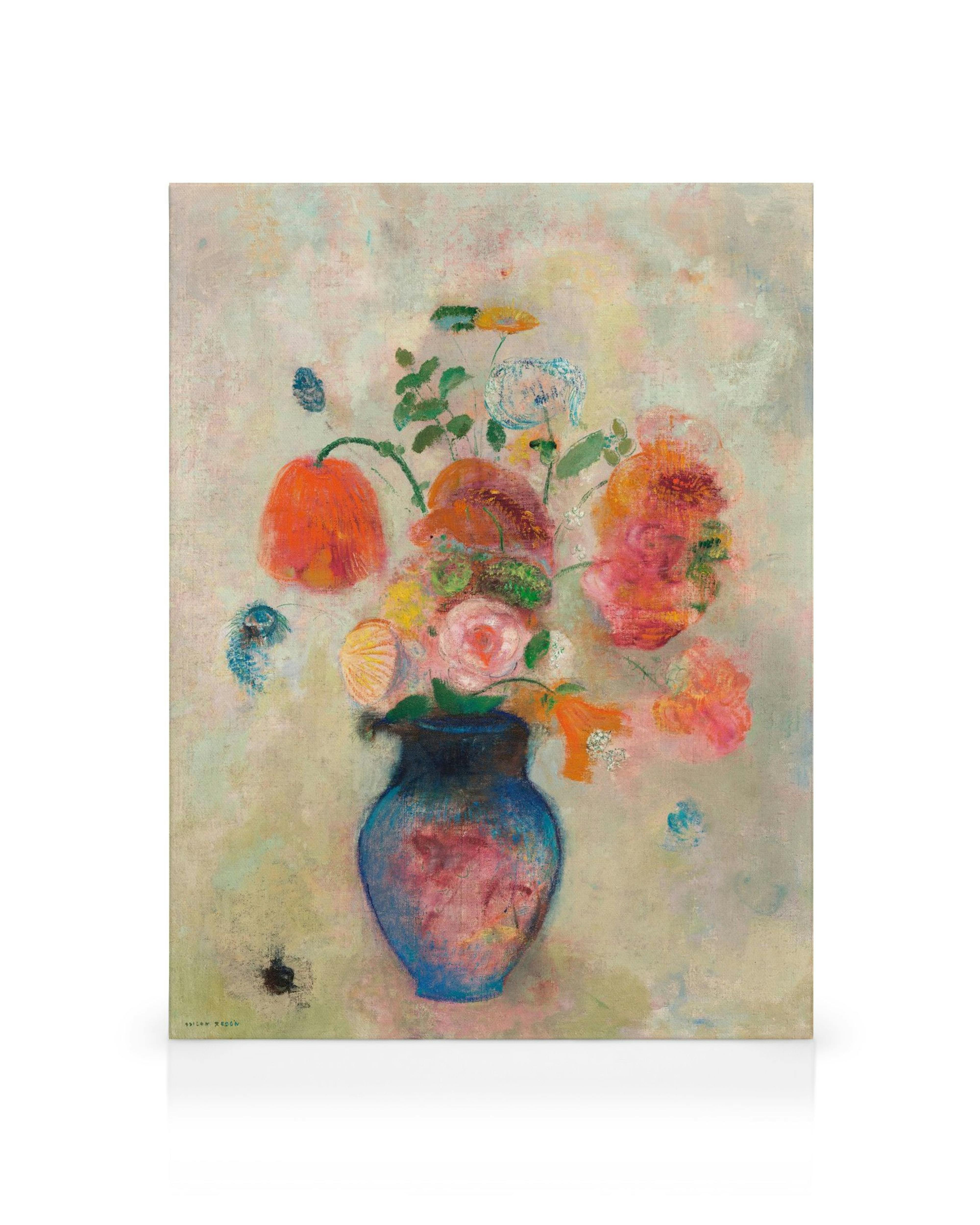 Toile de Odilon Redon, Grand Vase avec Fleurs, fleurs colorées (orange, rose, bleu) et feuilles vertes dans un vase bleu.