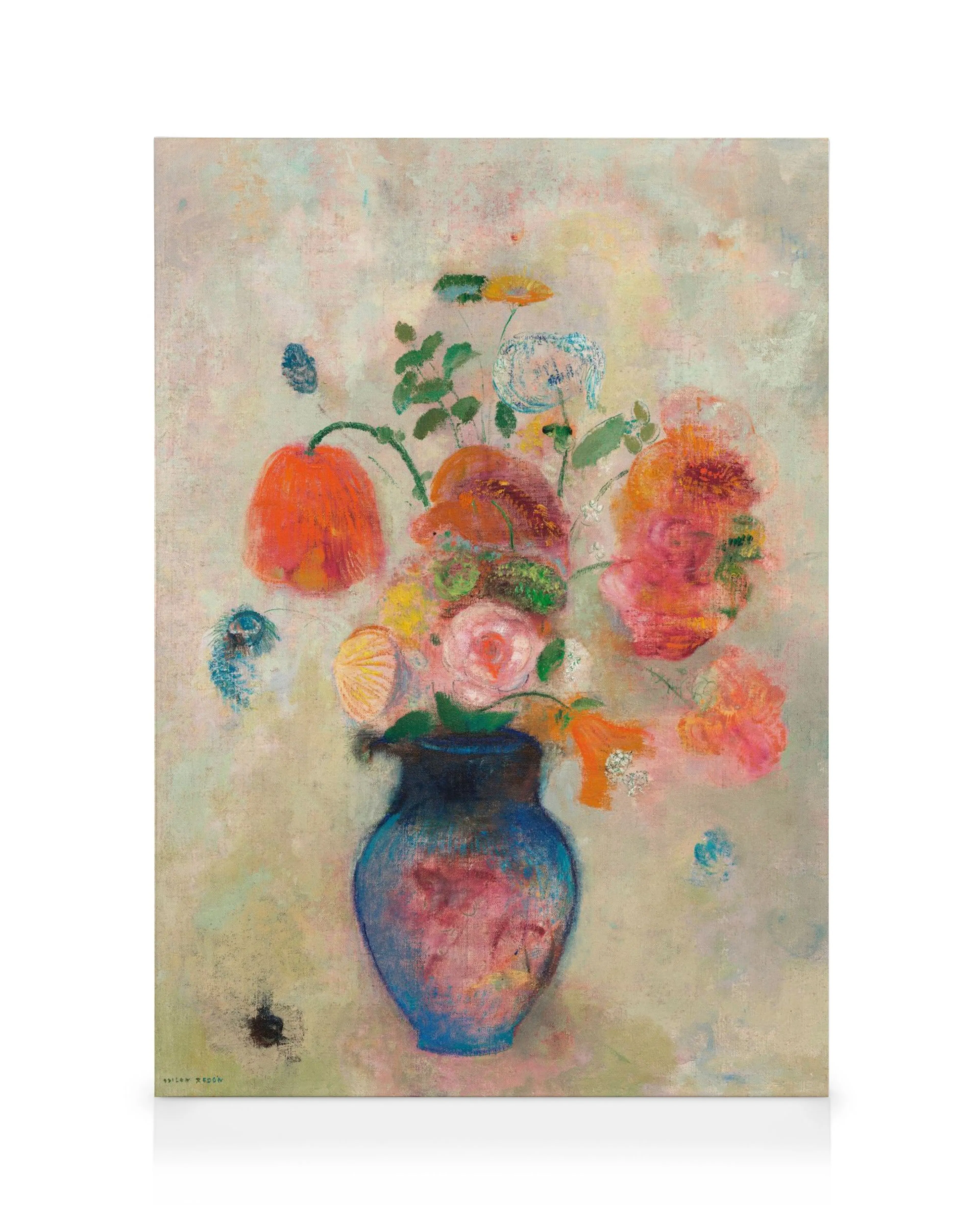Odilon Redon blomstermålning med en stor bukett färgglada blommor i orange, rosa och blått i en blå vas på en ljus bakgrund.
