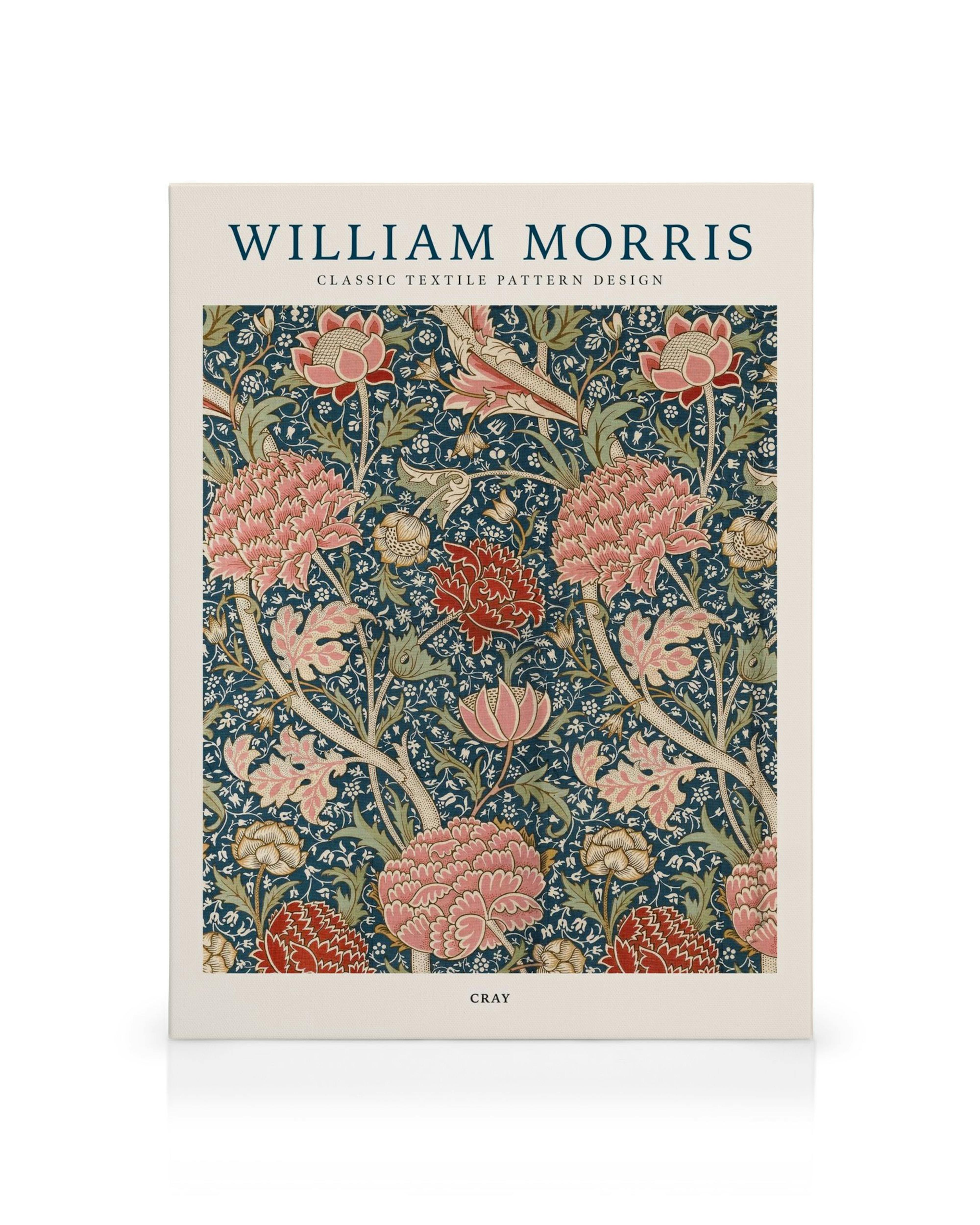 William Morris Cray lærred med detaljeret blomstermønster i rosa, rød og grøn på mørkeblå baggrund.