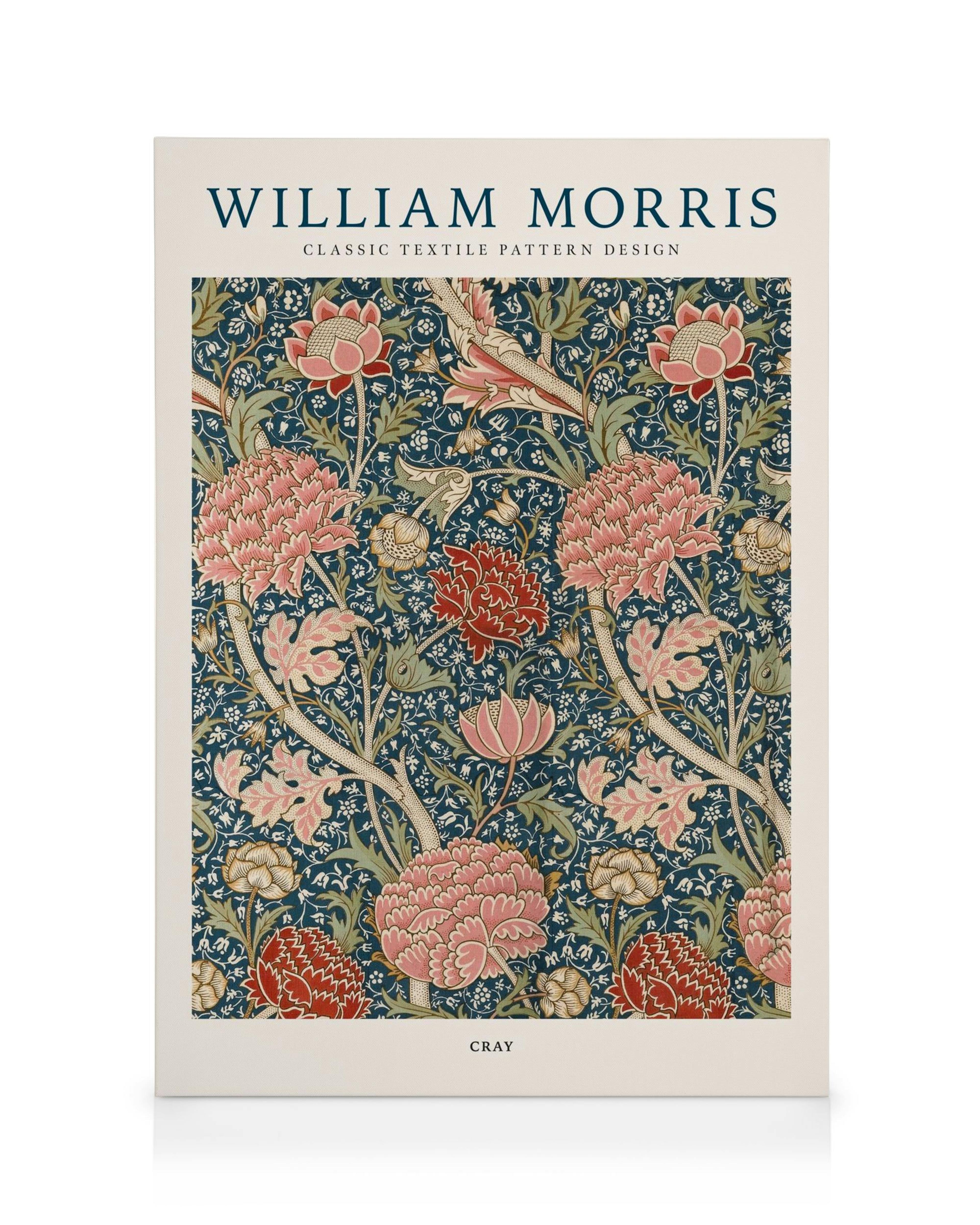 William Morris Cray canvas met roze en rode bloemen, groene bladeren op een donkerblauwe achtergrond.