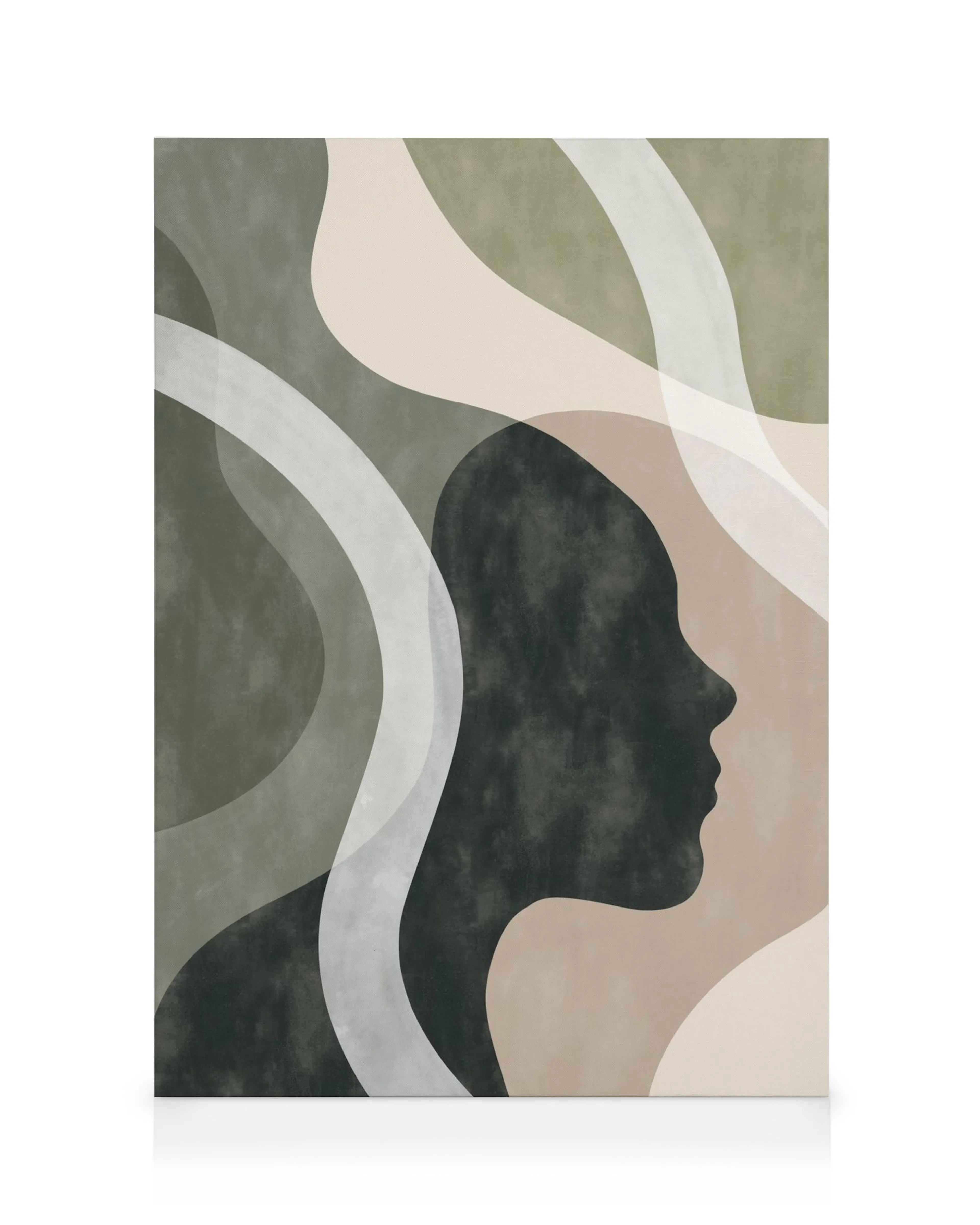 Obraz na plátně: Tmavá silueta obličeje z profilu s vlnitými tvary v odstínech zelené a béžové.