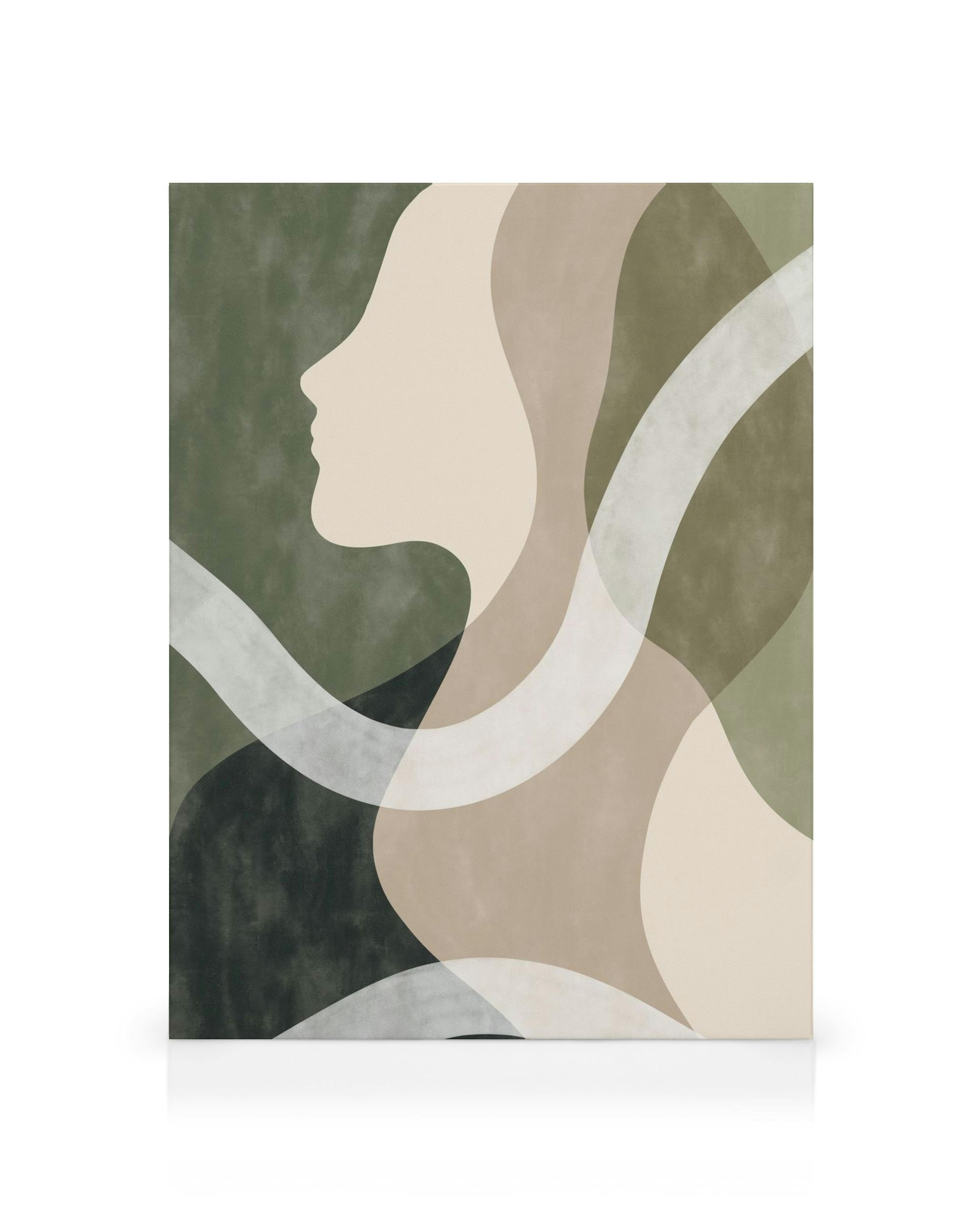 Toile avec profil de visage féminin stylisé, lignes ondulées vertes, beiges et grises, effet texturé, art mural