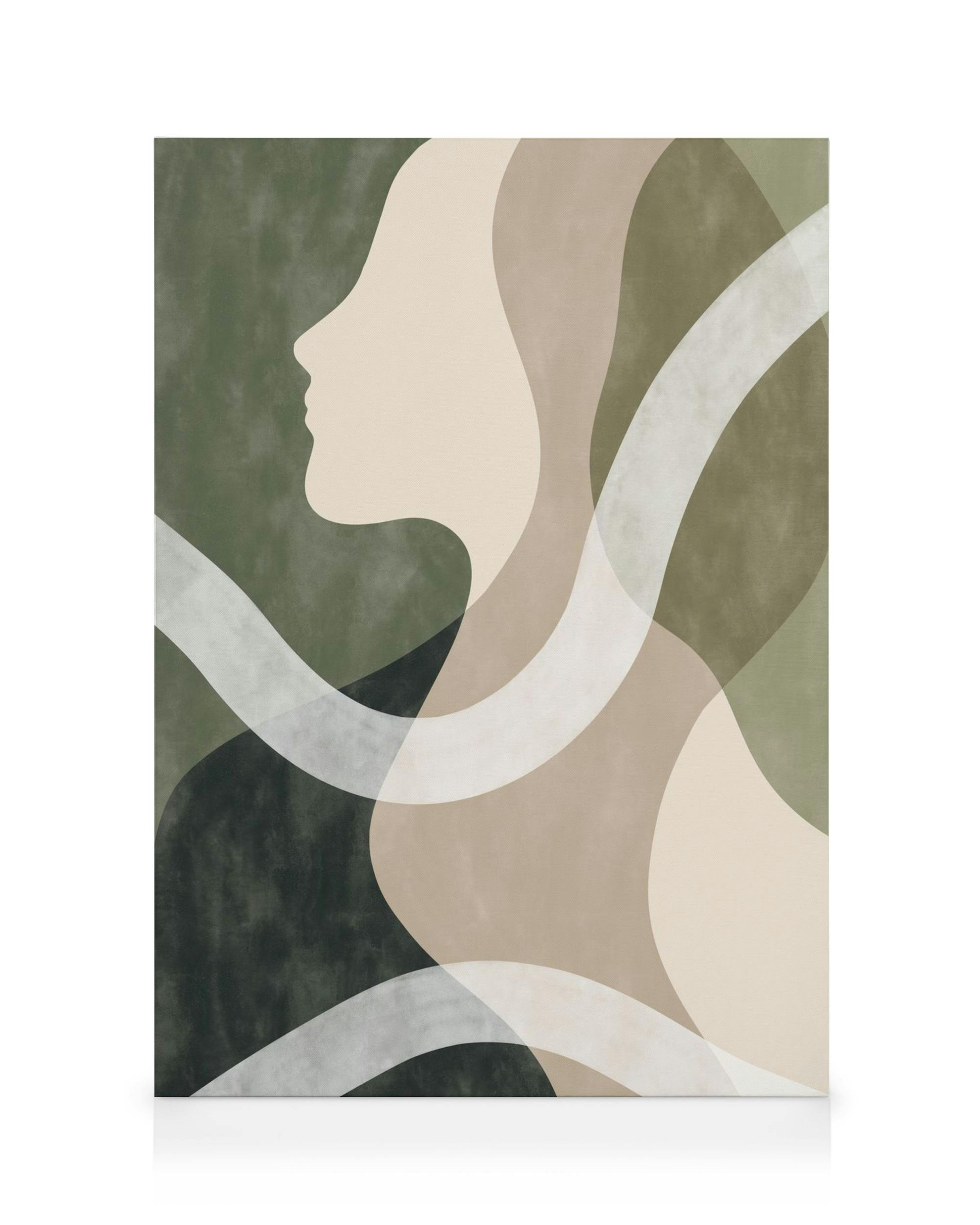 Leinwandbild mit seitlichem Gesichtsprofil, überlagert mit wellenförmigen Linien in Grün-, Beige- und Grautönen.