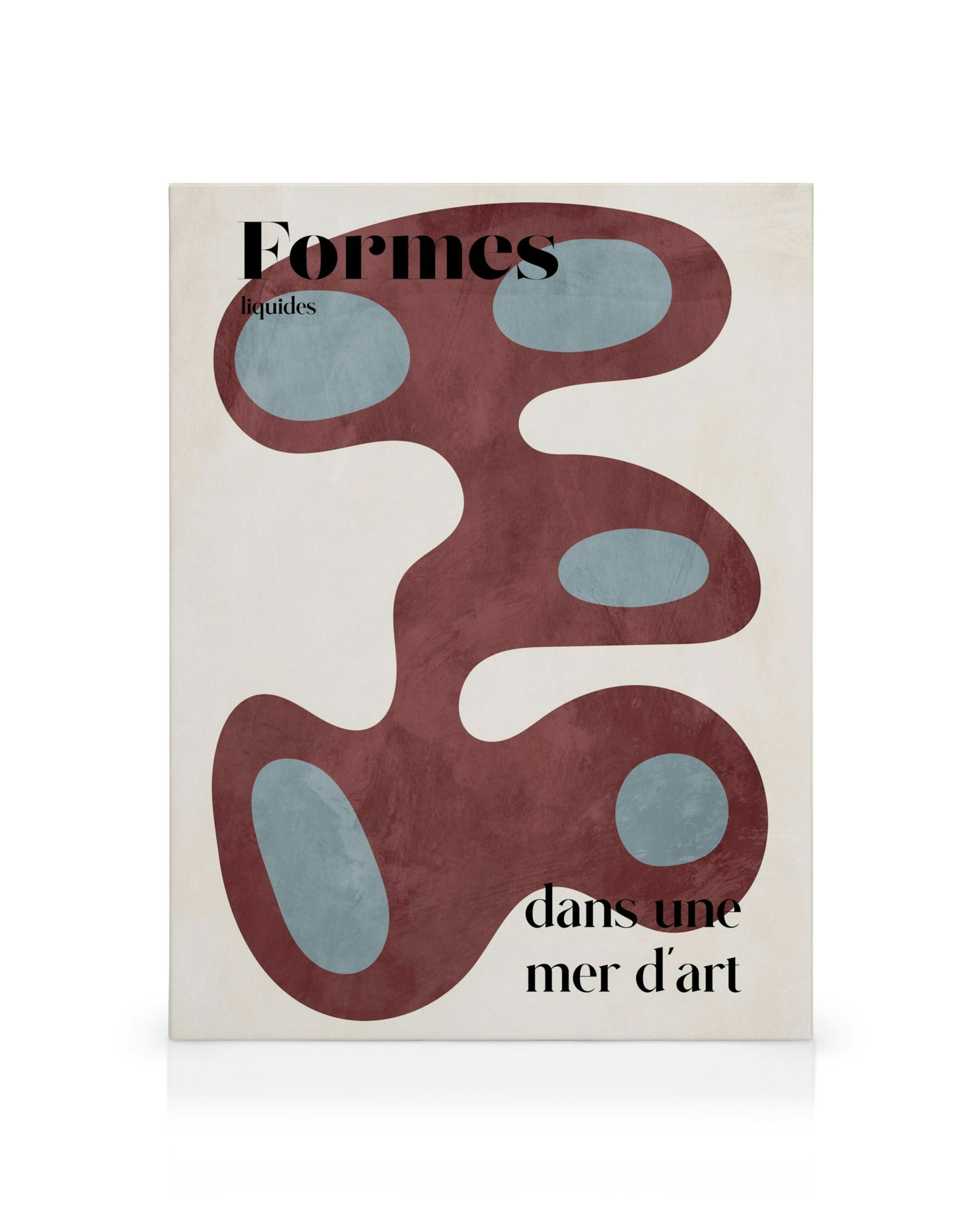 Lienzo abstracto con formas orgánicas onduladas en rojo y azul pálido, texto en francés. Arte de pared contemporáneo.