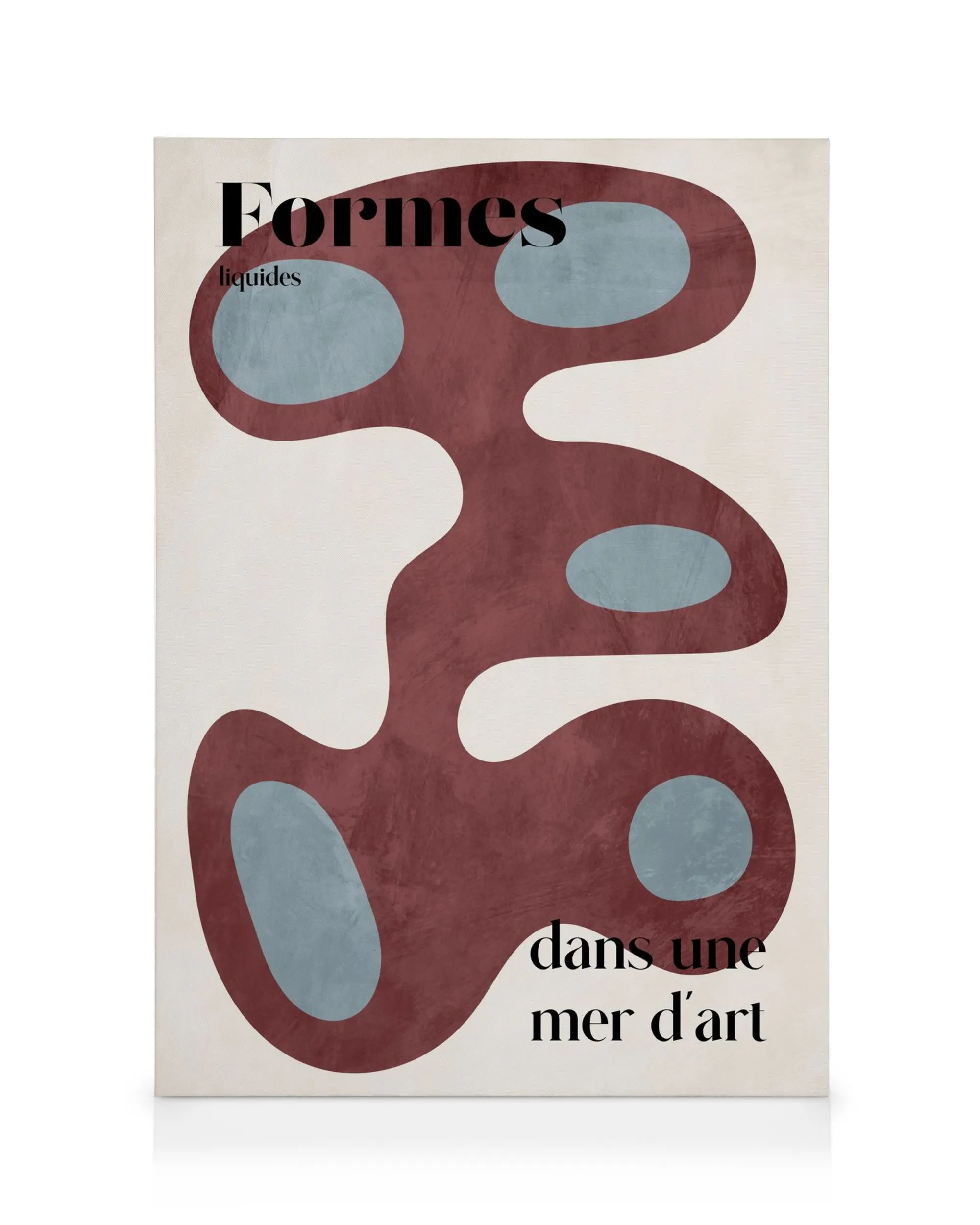 Obraz na płótnie: czerwono-bordowe kształty z niebieskimi plamami na beżowym tle, francuski tekst, dekoracja ścienna.