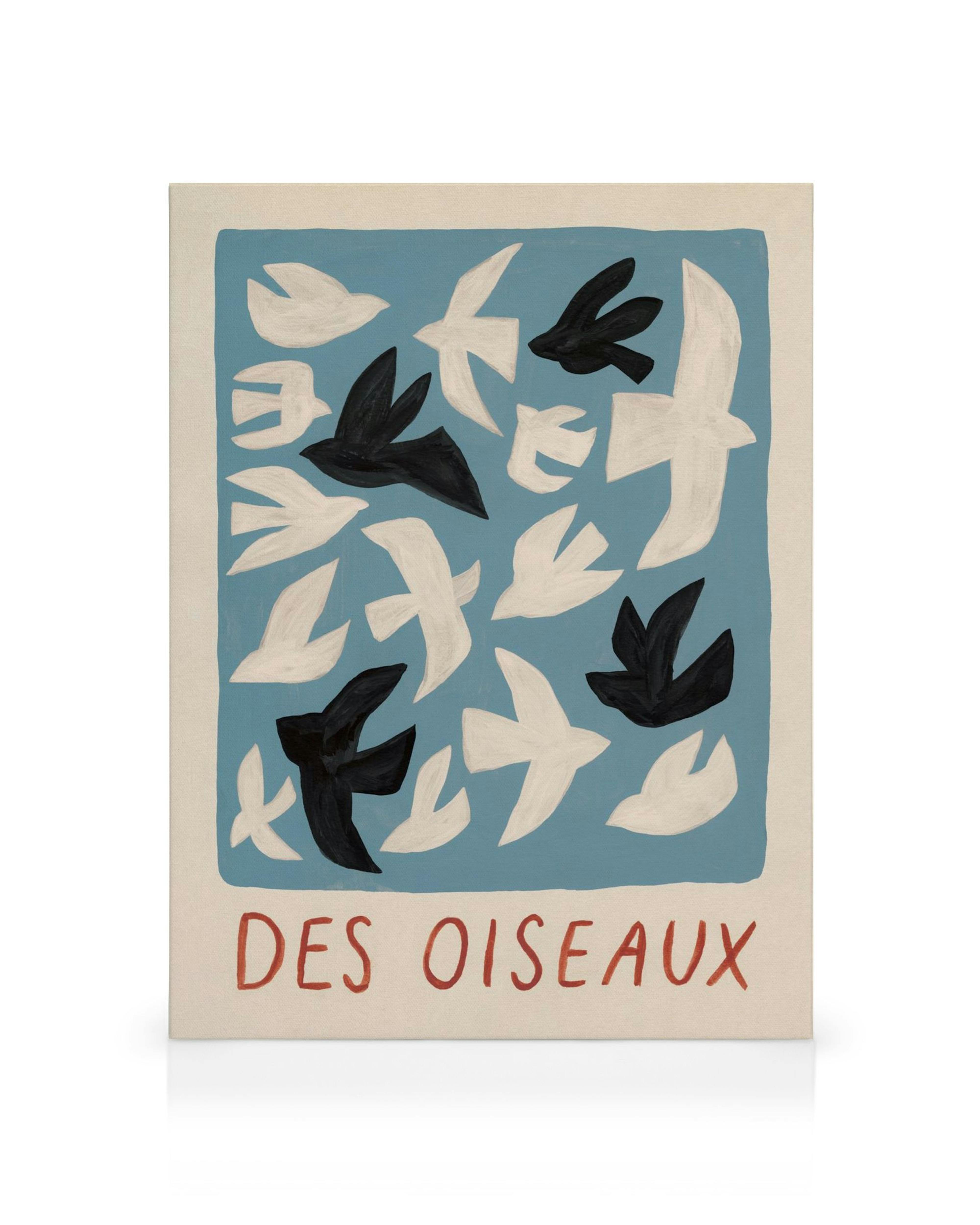 Καμβάς με αφηρημένα πουλιά σε μπλε φόντο, με μαύρα και άσπρα σχήματα πουλιών.