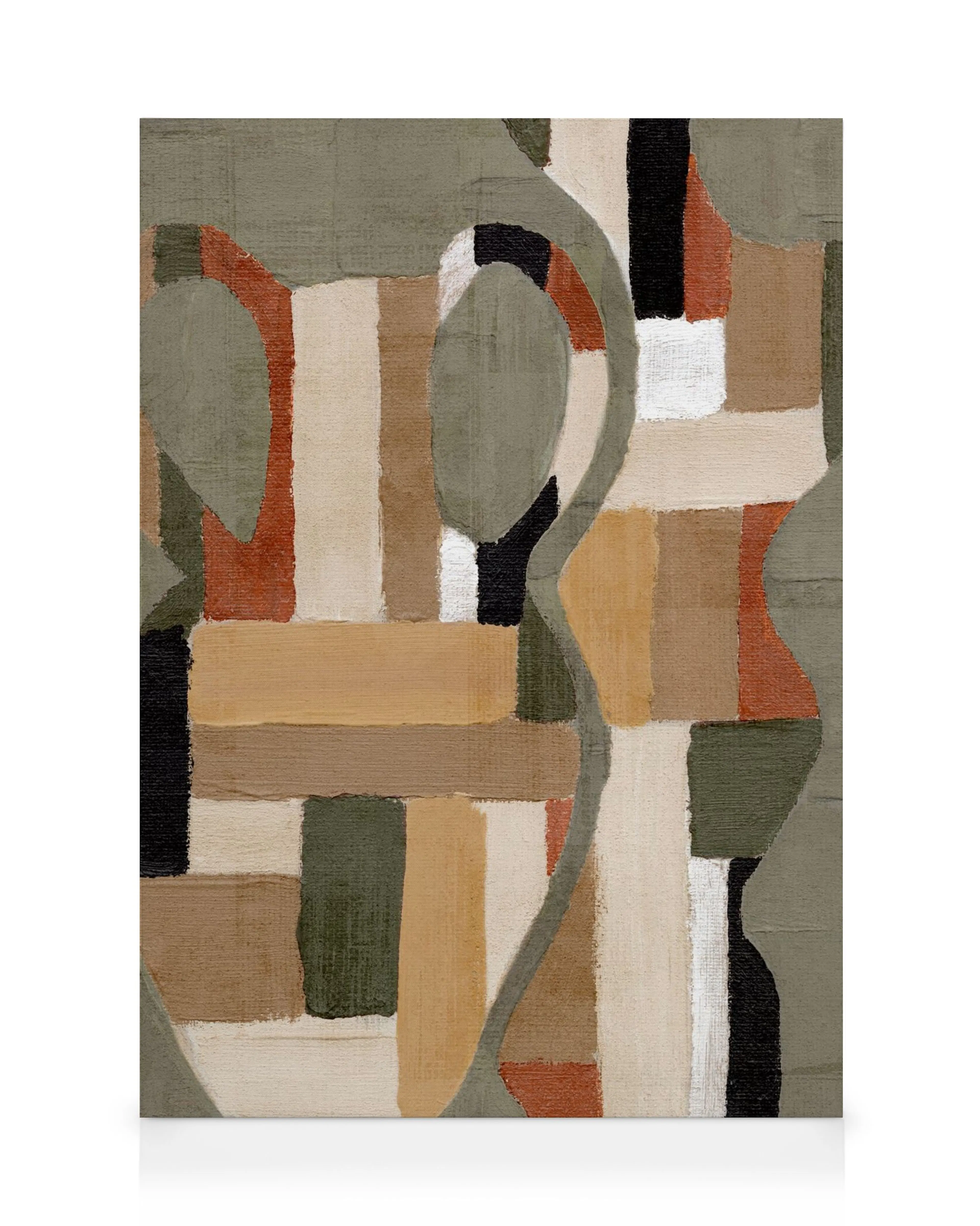 Leinwandbild mit gemalten Formen No1, farbige Rechtecke und geschwungene Linien, Kunstwerk in Erdtönen
