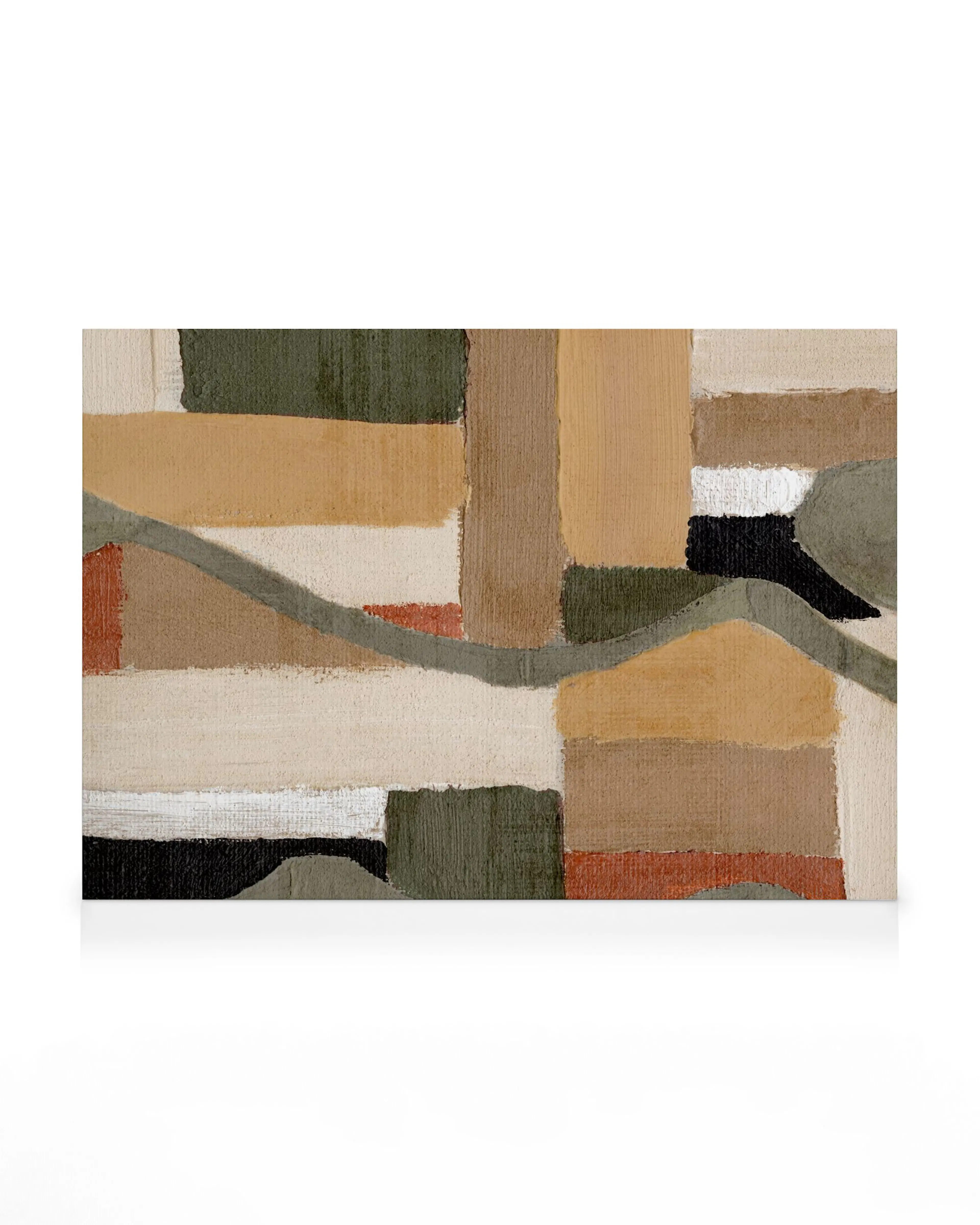 Leinwandbild mit pastellfarbenen Blöcken in Beige, Grün, Braun und Schwarz, durchzogen von einer geschwungenen Linie, Textur
