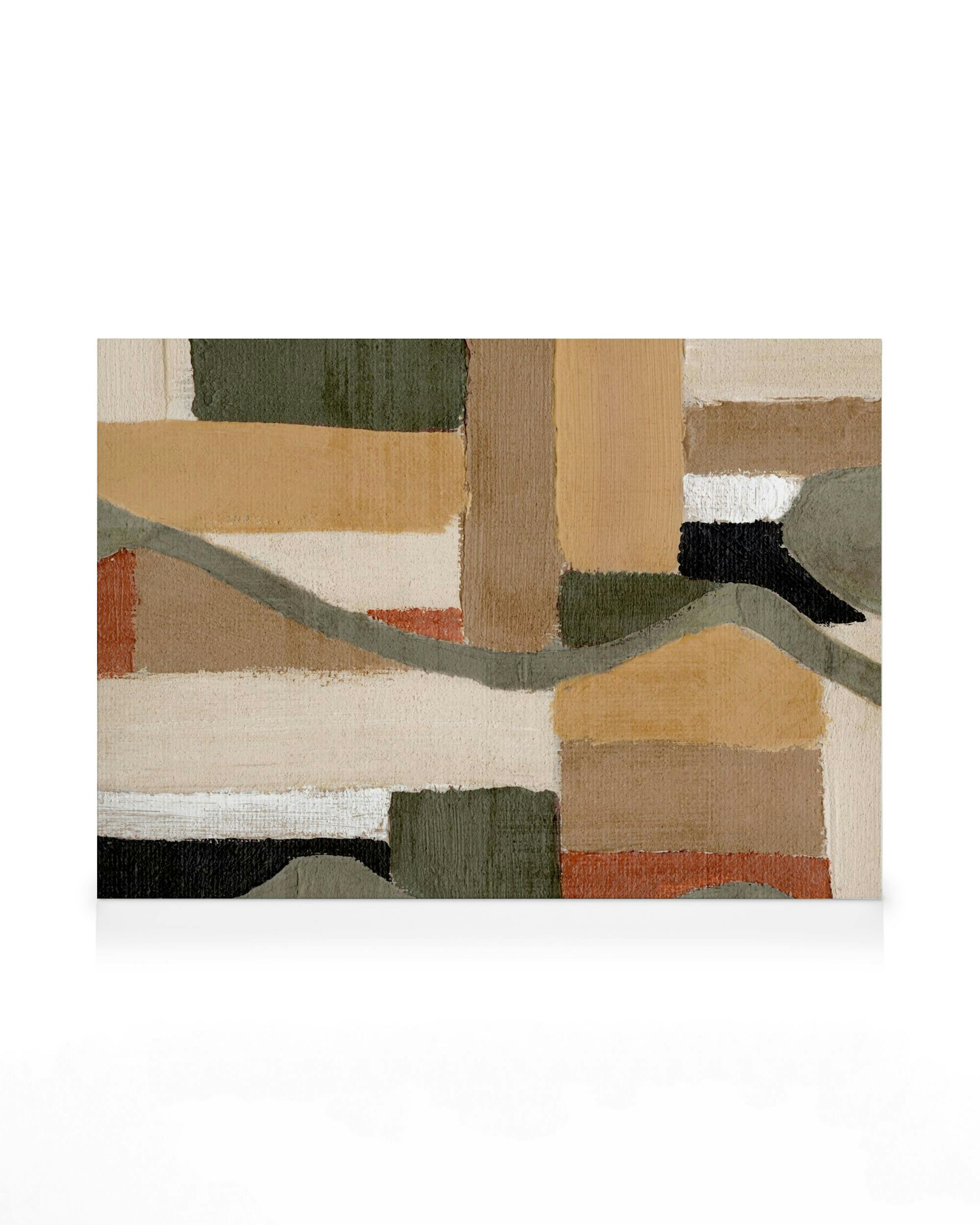 Canvas print with painted abstract shapes in earthy tones, including olive green, beige, brown, and black, featuring a winding l