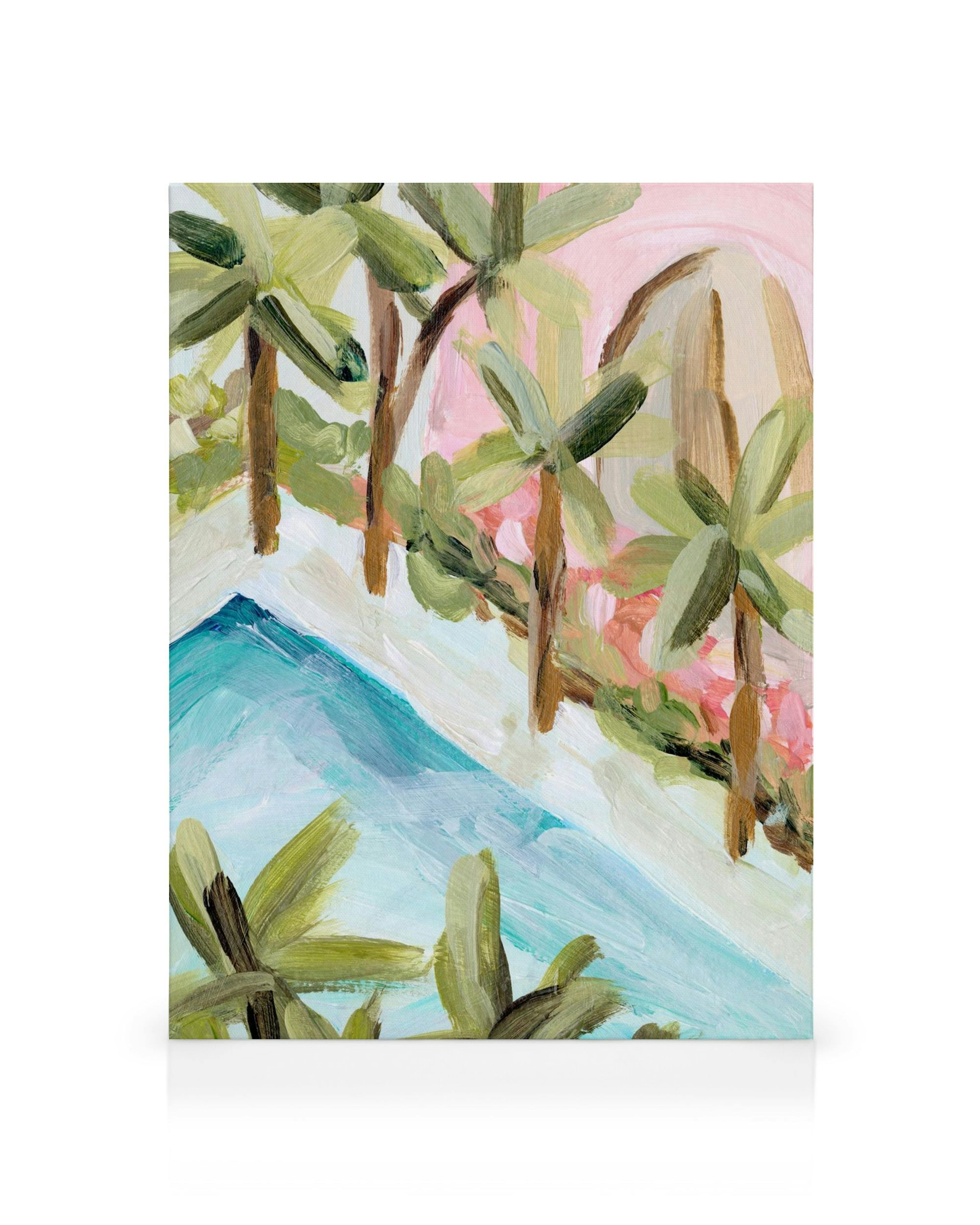 Obraz na plátne: abstraktná maľba pri bazéne s palmami a ružovým nebom