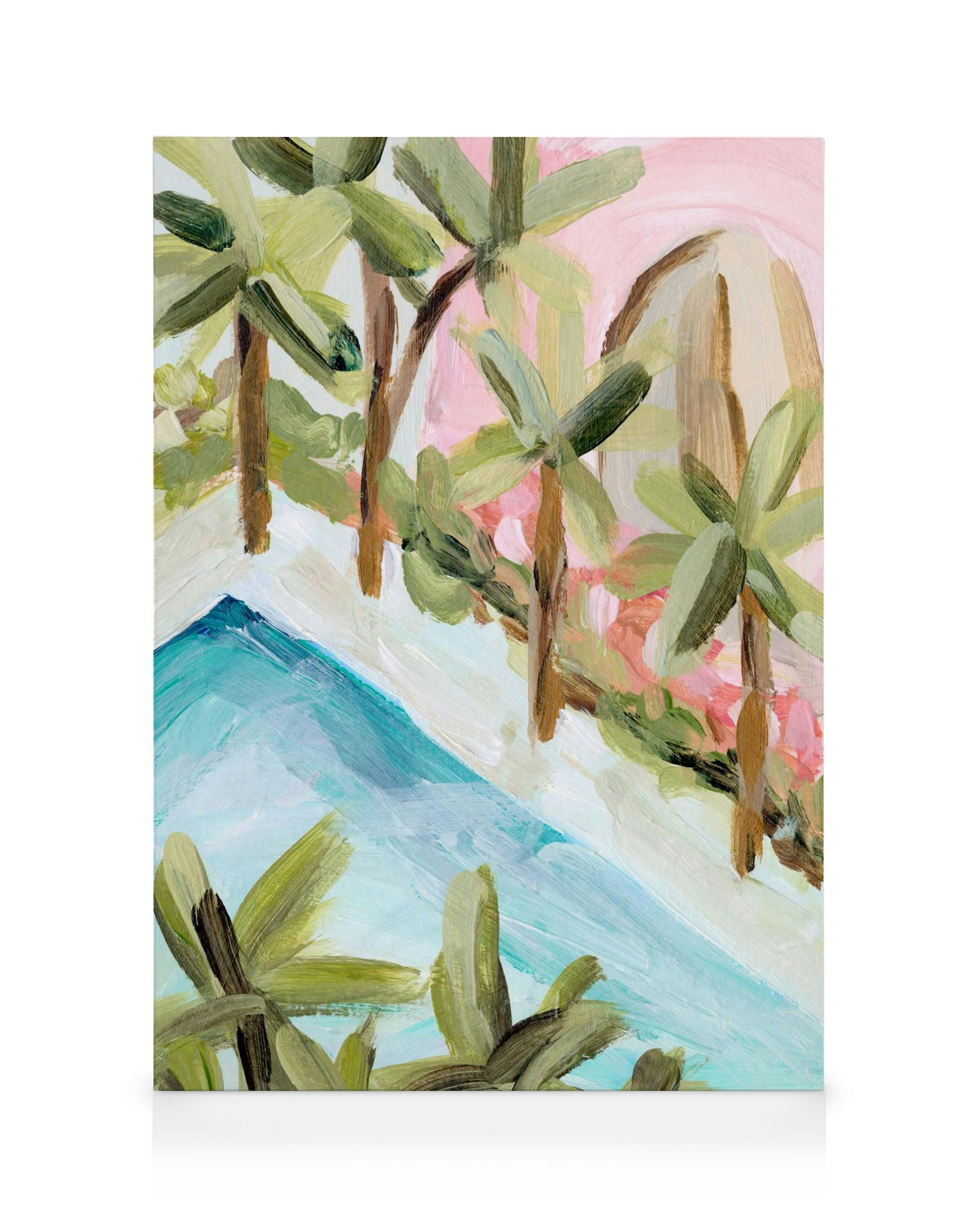 Vibrant abstract poolside scene canvas print with green palm trees, blue water, and pink sky.