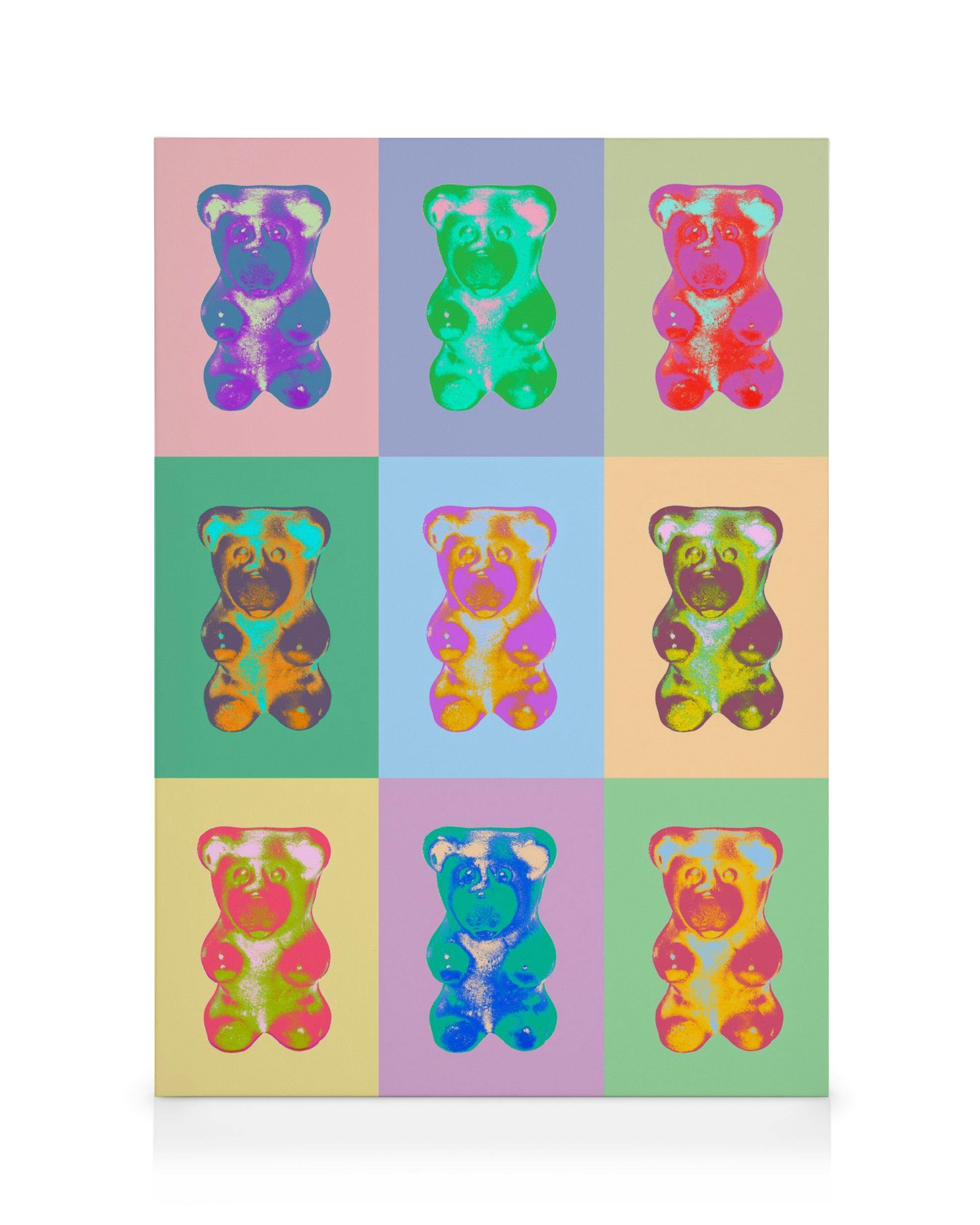 Pop Art Gummy Bear No2 canvas print, vibrant multicoloured gummy bears in a grid pattern.