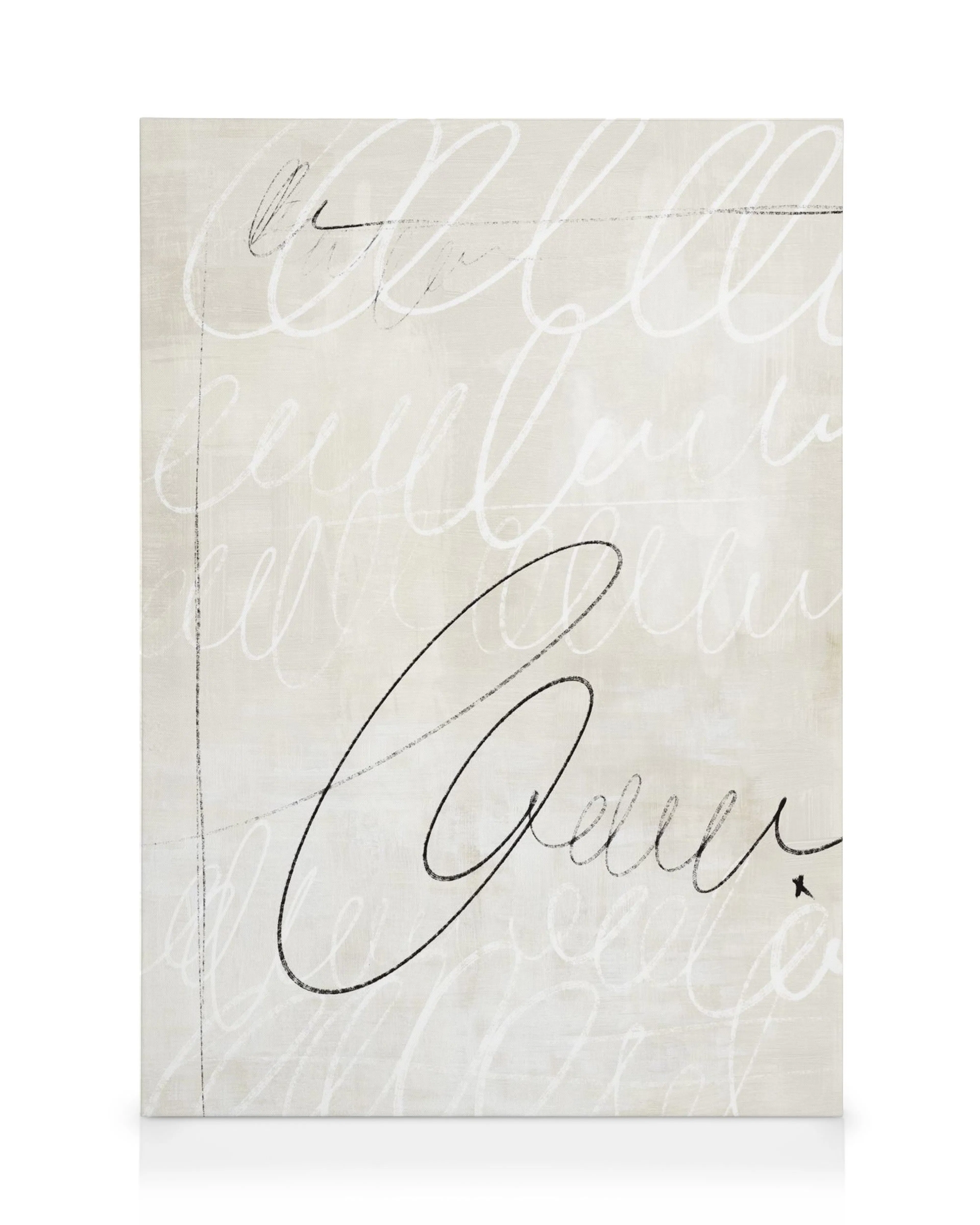 Stampa su tela astratta beige con calligrafia corsiva bianca e nera, e una piccola stella nera.