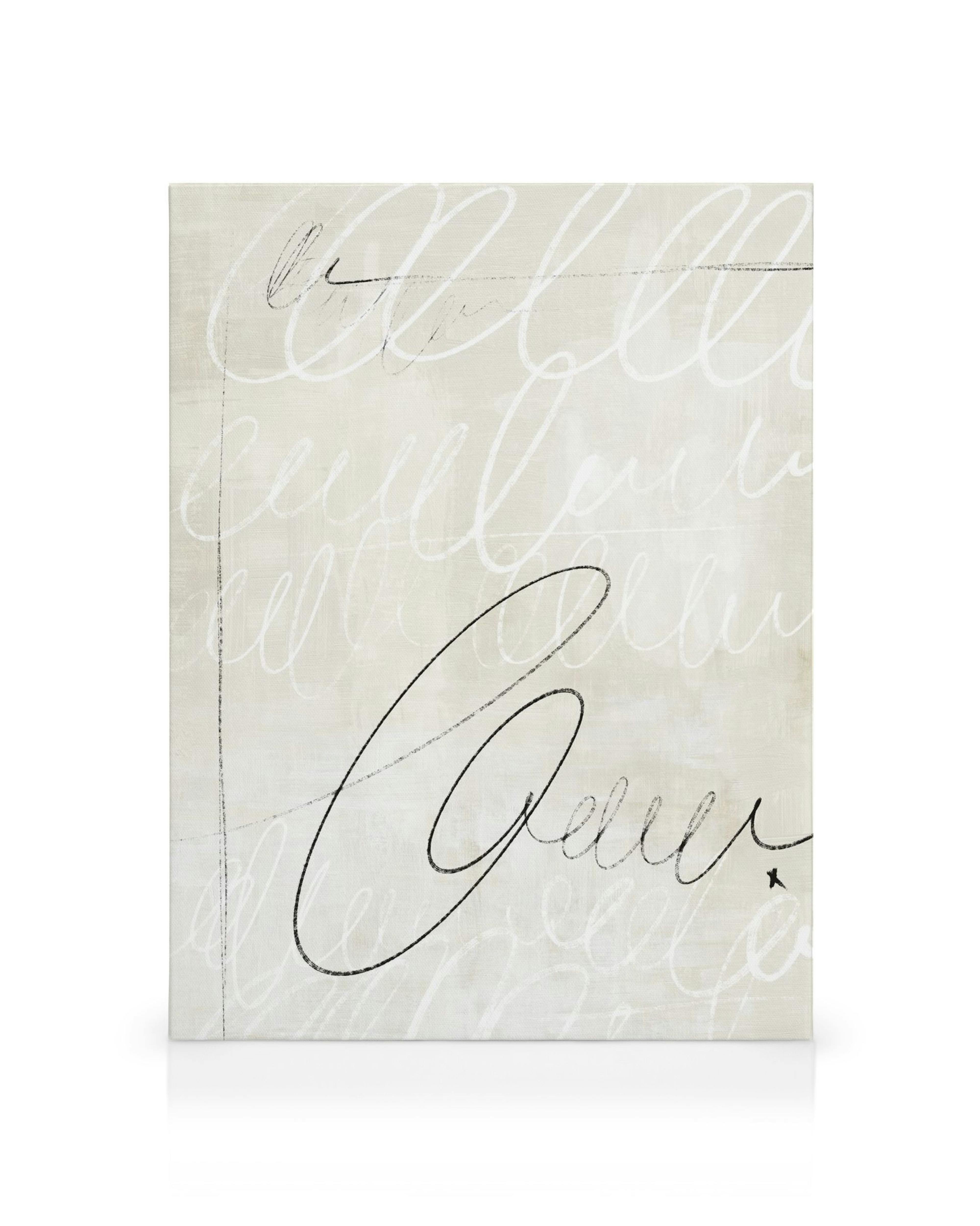 Canvas print with beige background, white and black cursive script patterns, and small black star. Abstract Sketches No1.