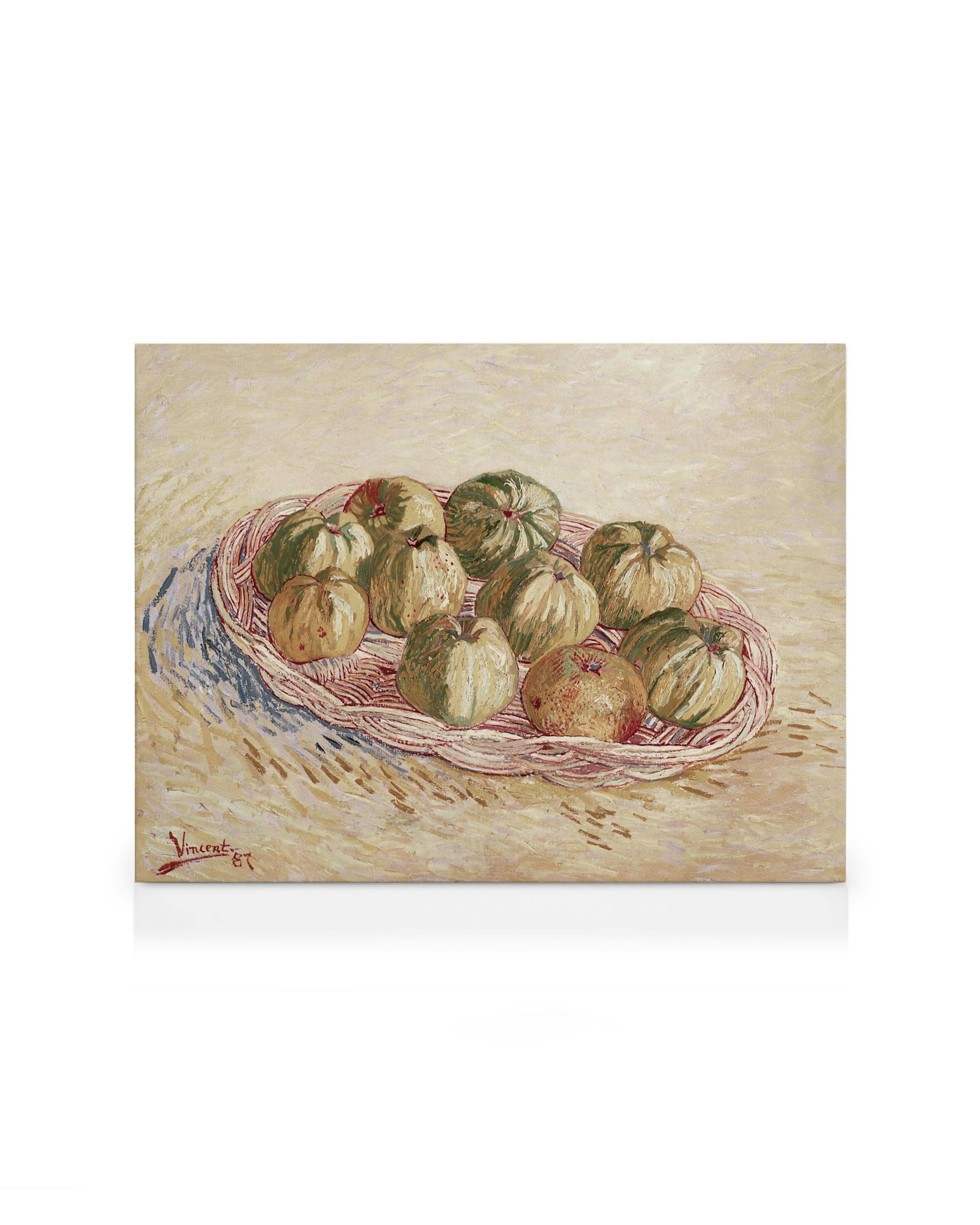 Van Goghs Stillleben mit Apfelkorb, expressionistische Malerei, helle Farben, Pinselstriche, Leinwandbild.