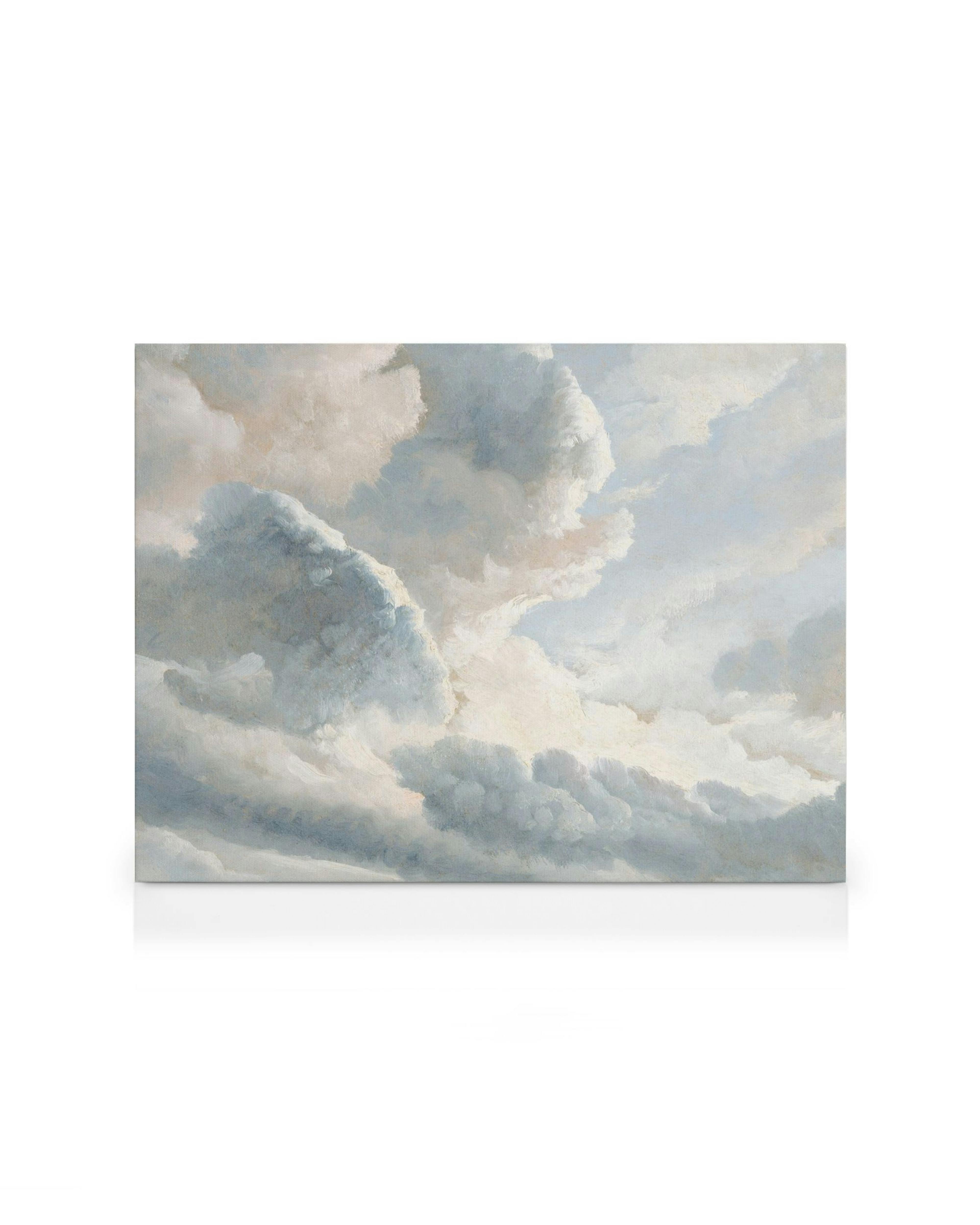 Målning med molnig himmel i vitt, blått och grått, med solljus som filtreras genom molnen. Väggkonst.