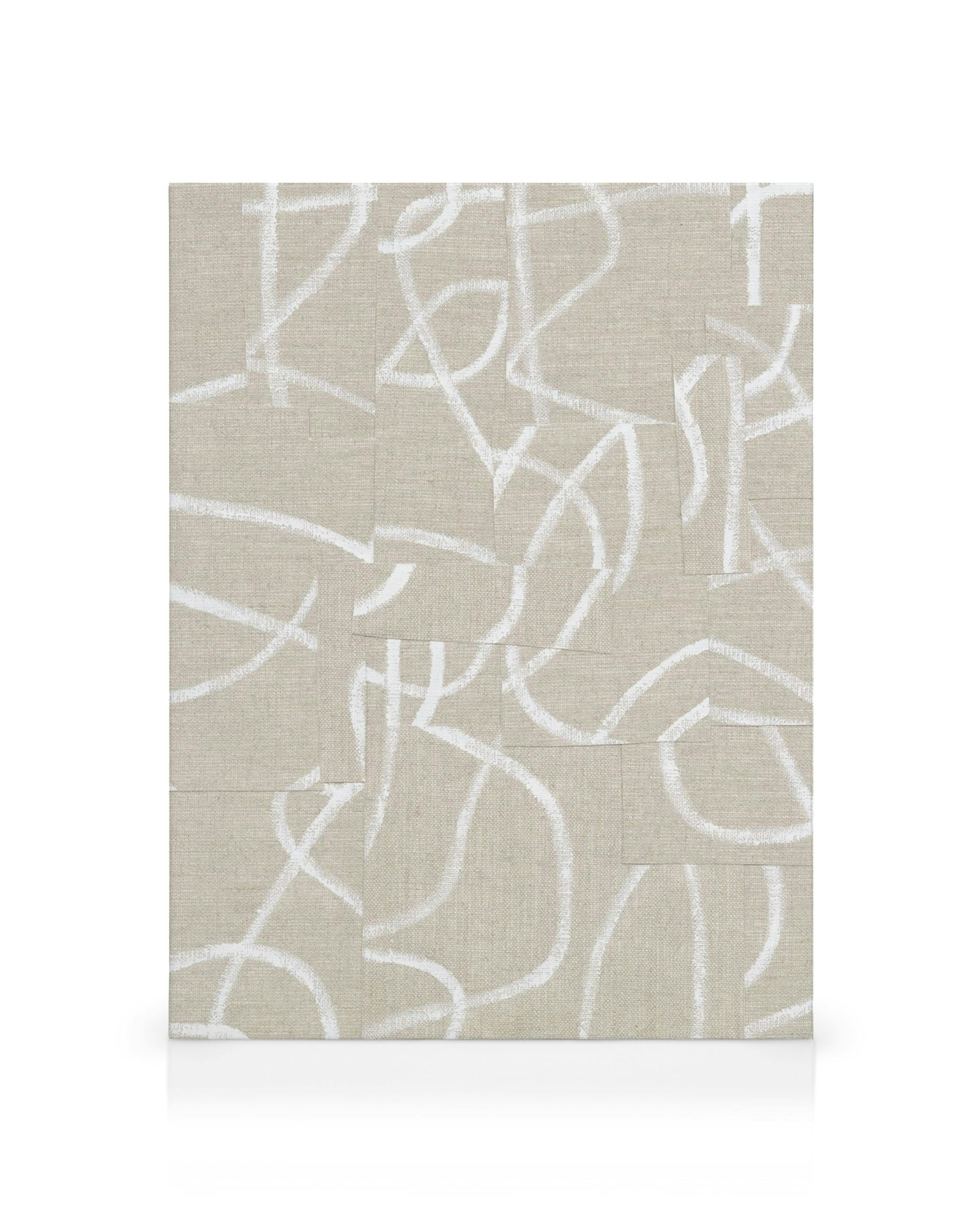 Beige kanvaasitaulu, jossa on valkoisia, kaarevia viivoja ja jotka luovat abstraktin, tilkkutäkkimäisen kuvion.