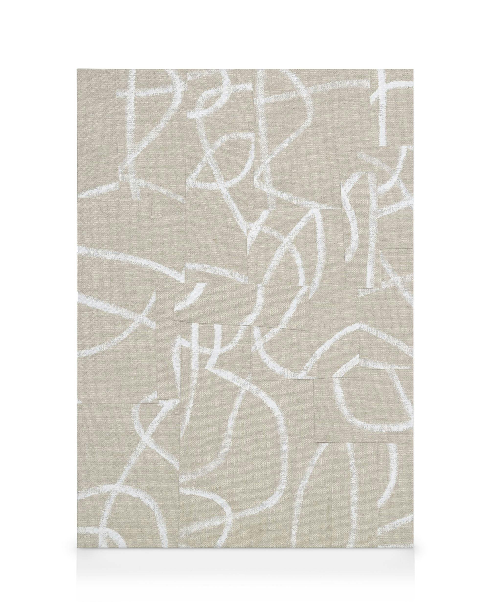 Obraz na płótnie z białymi, ręcznie rysowanymi liniami tworzącymi abstrakcyjny wzór na beżowym tle, efekt patchworku.