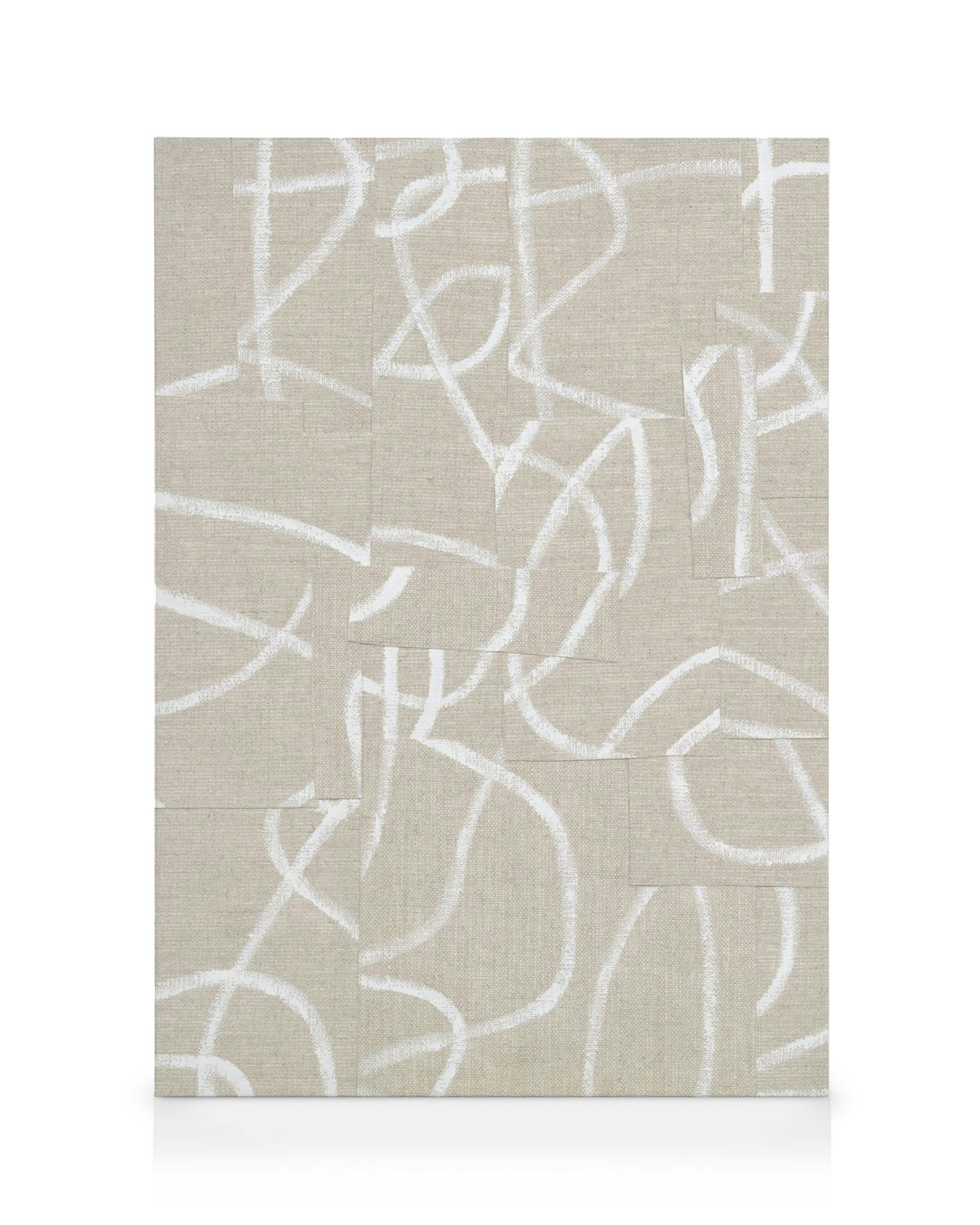 Obraz na płótnie z białymi, ręcznie rysowanymi liniami tworzącymi abstrakcyjny wzór na beżowym tle, efekt patchworku.