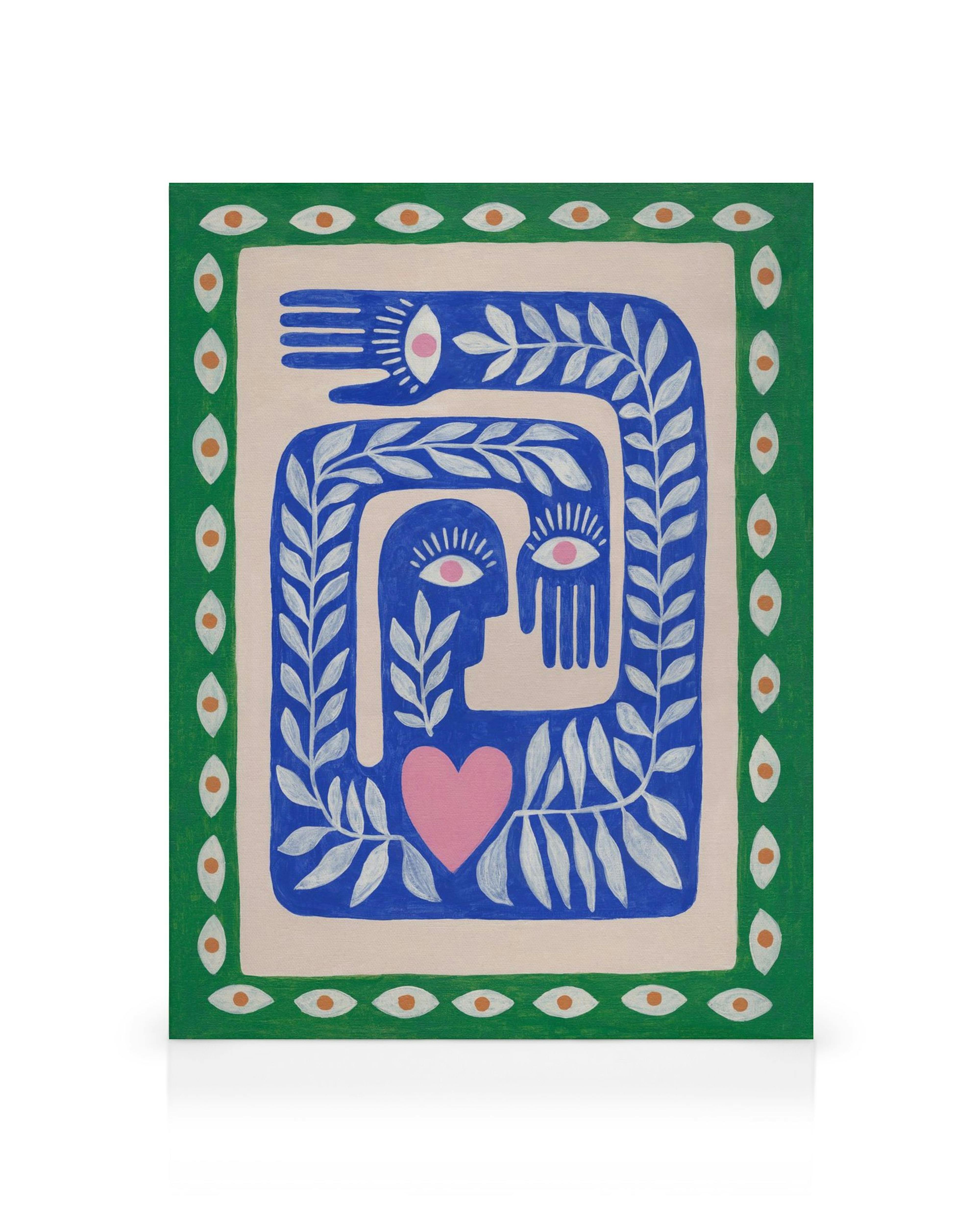 Lienzo con dos rostros estilizados, hojas azules, corazón rosa y un borde de hojas verdes con ojos. Arte colorido.