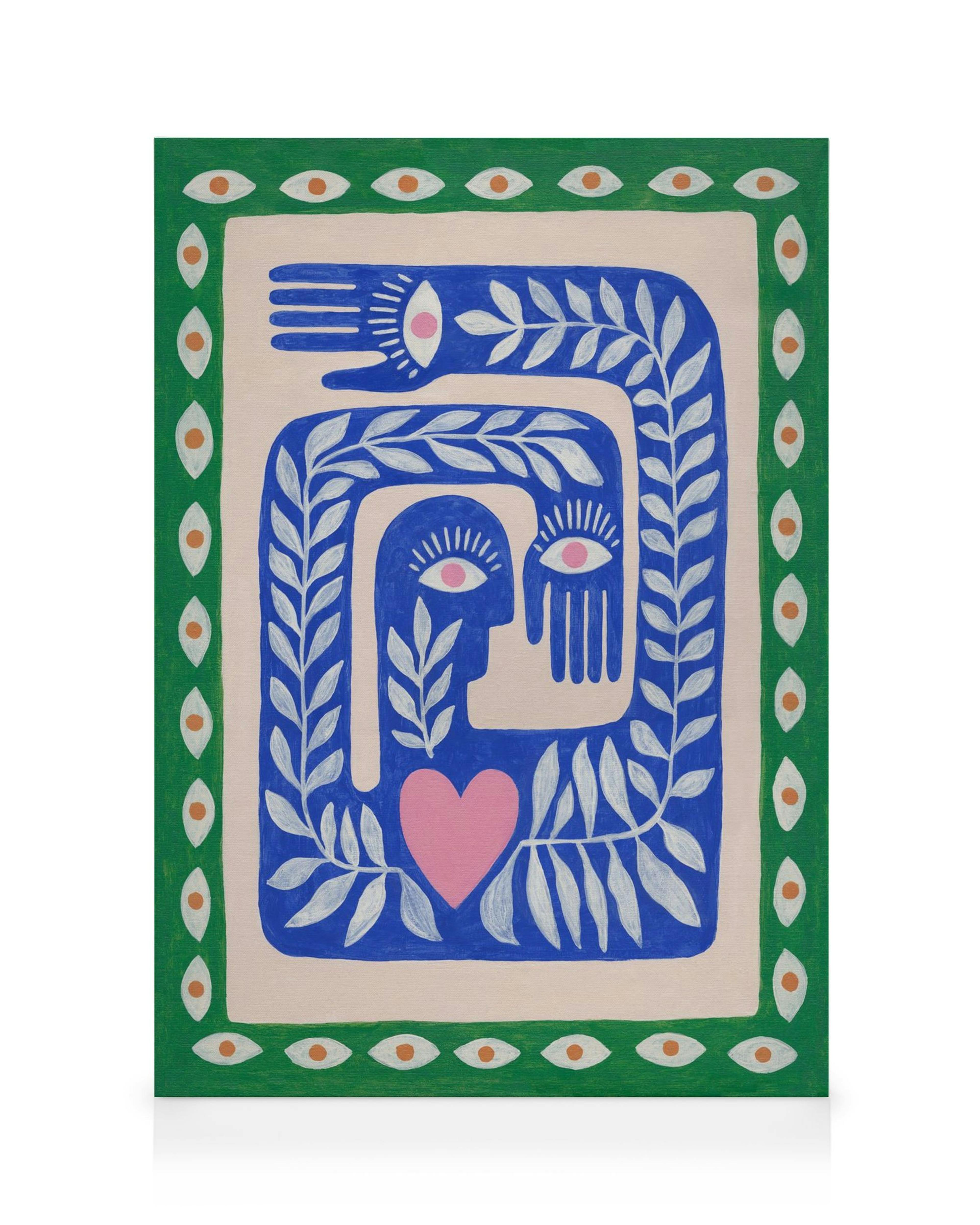 Toile avec deux visages stylisés entourés de feuilles bleues, un cœur rose et des bordures vertes avec des yeux.