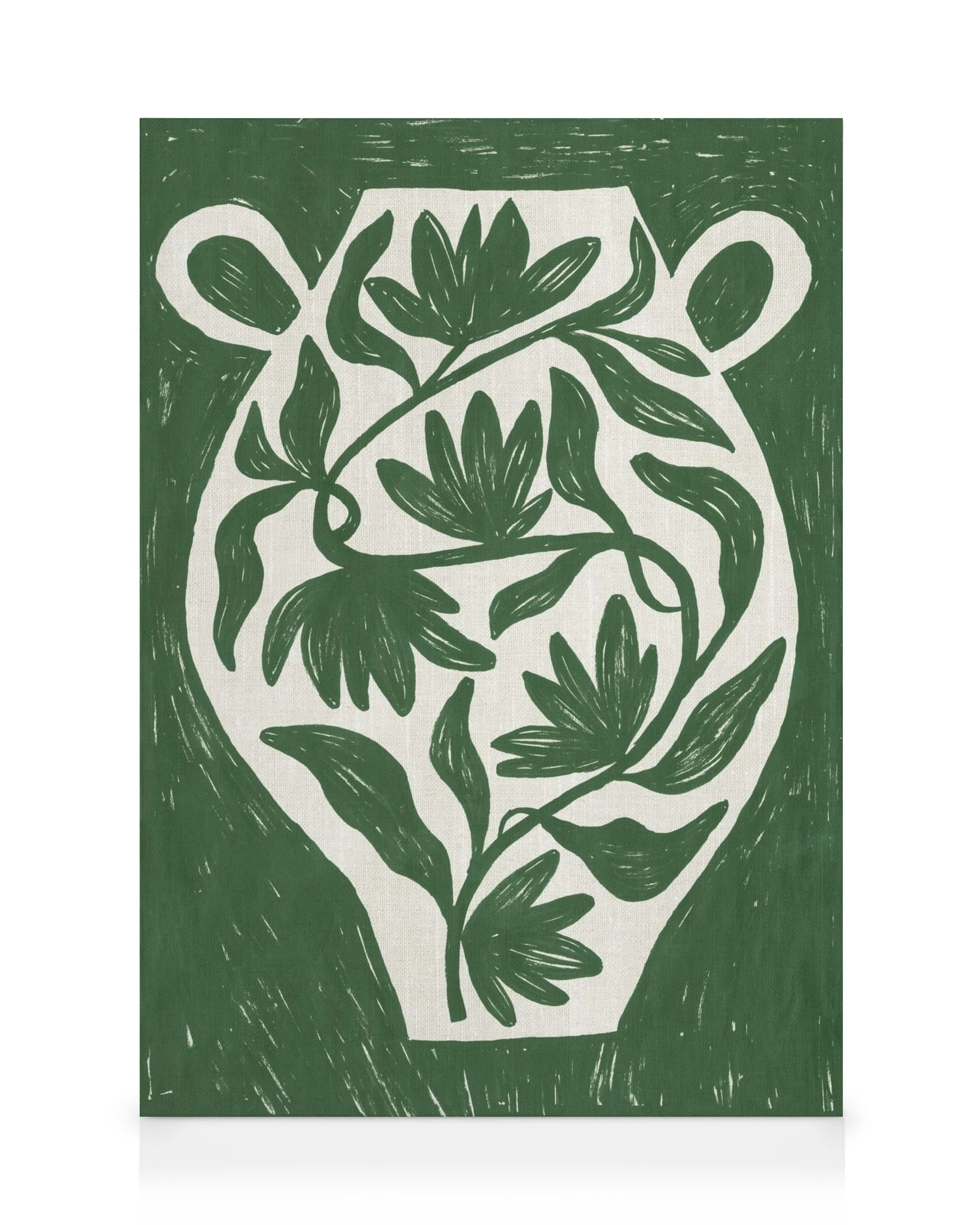 Grön botanisk vas med löviga växter i vitt, målade med synliga penseldrag på en texturerad grön bakgrund
