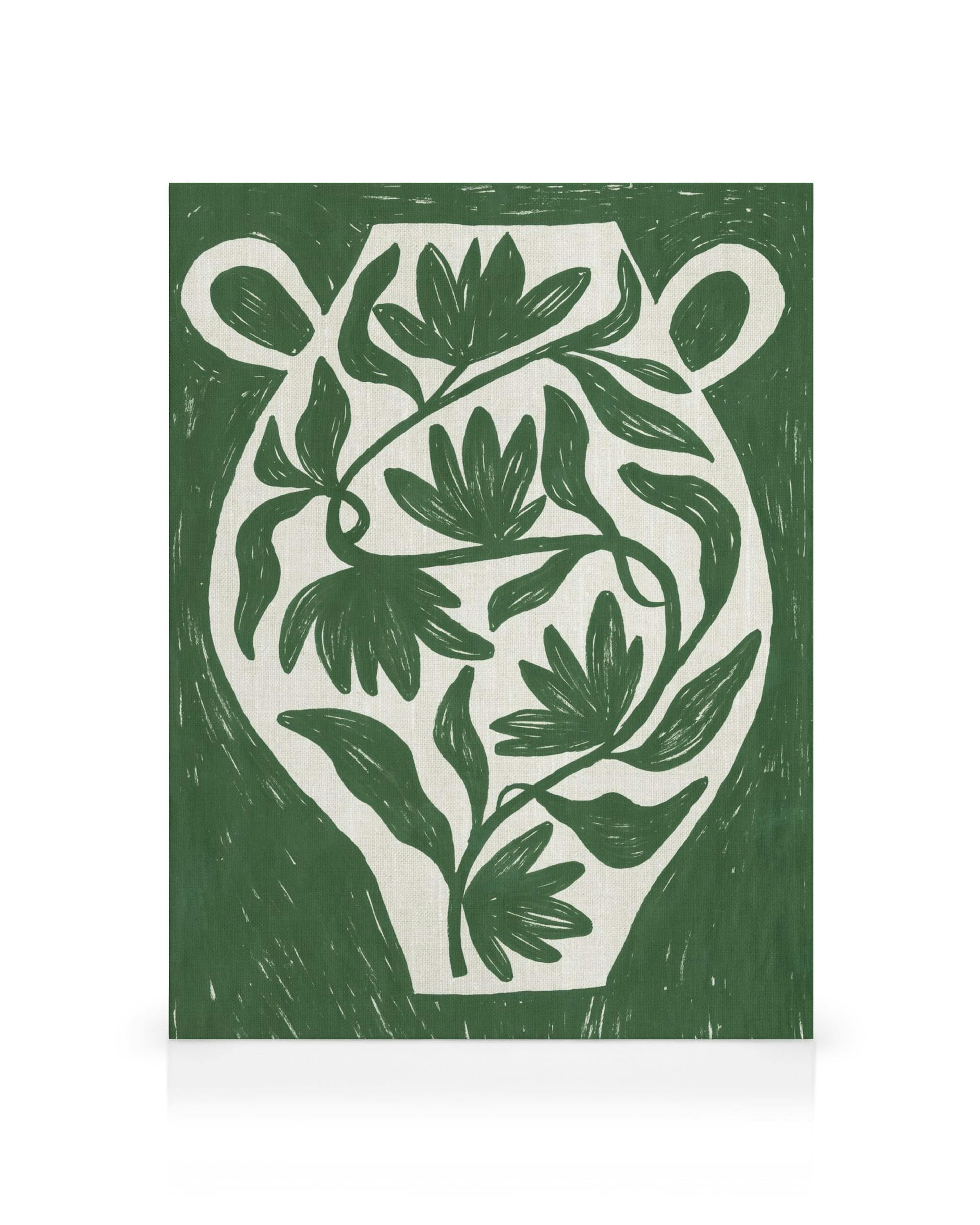 Toile verte dun vase avec des plantes feuillues, style peint et texturé.