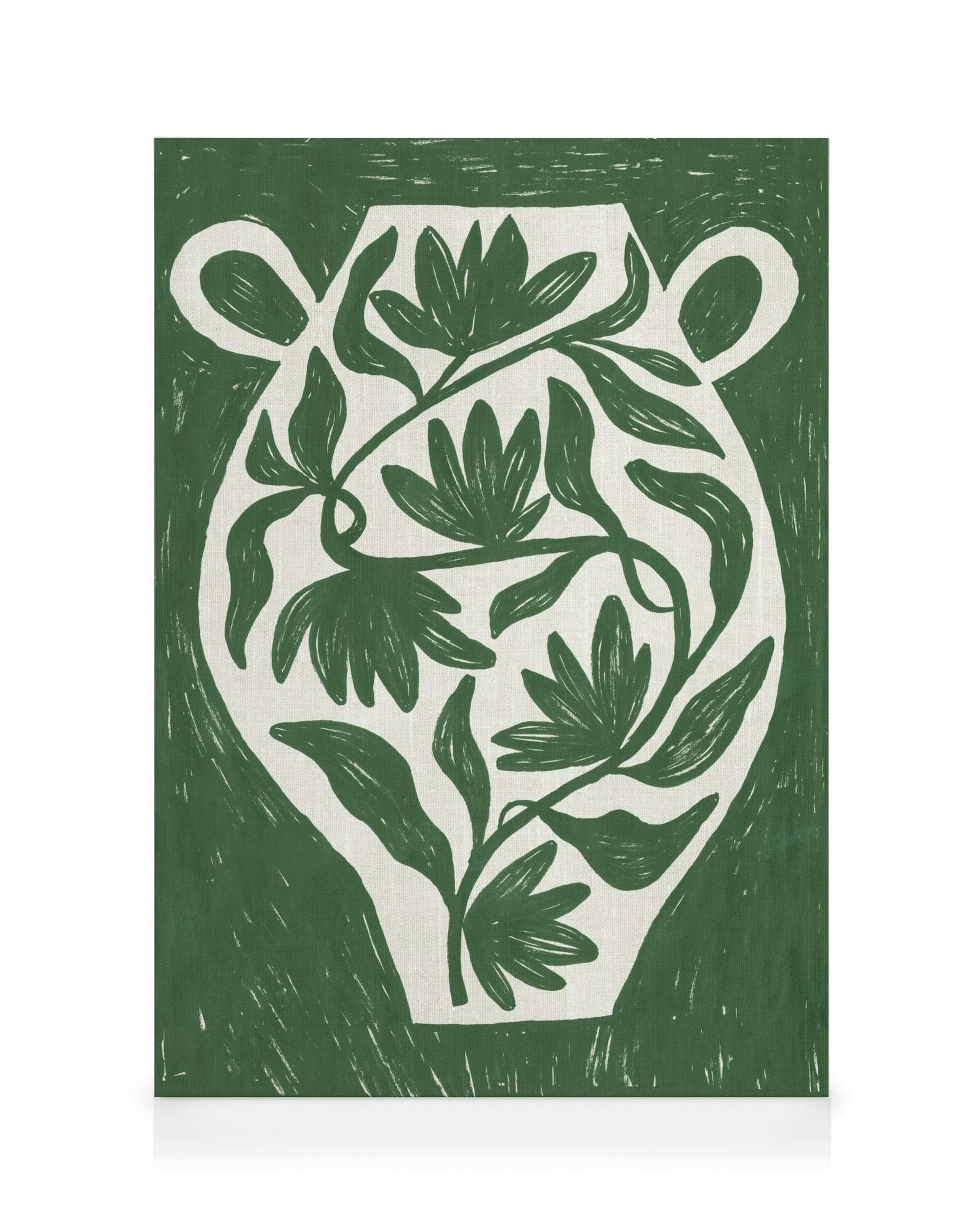 Toile de vase vert avec des plantes à feuilles blanches, style peint texturé