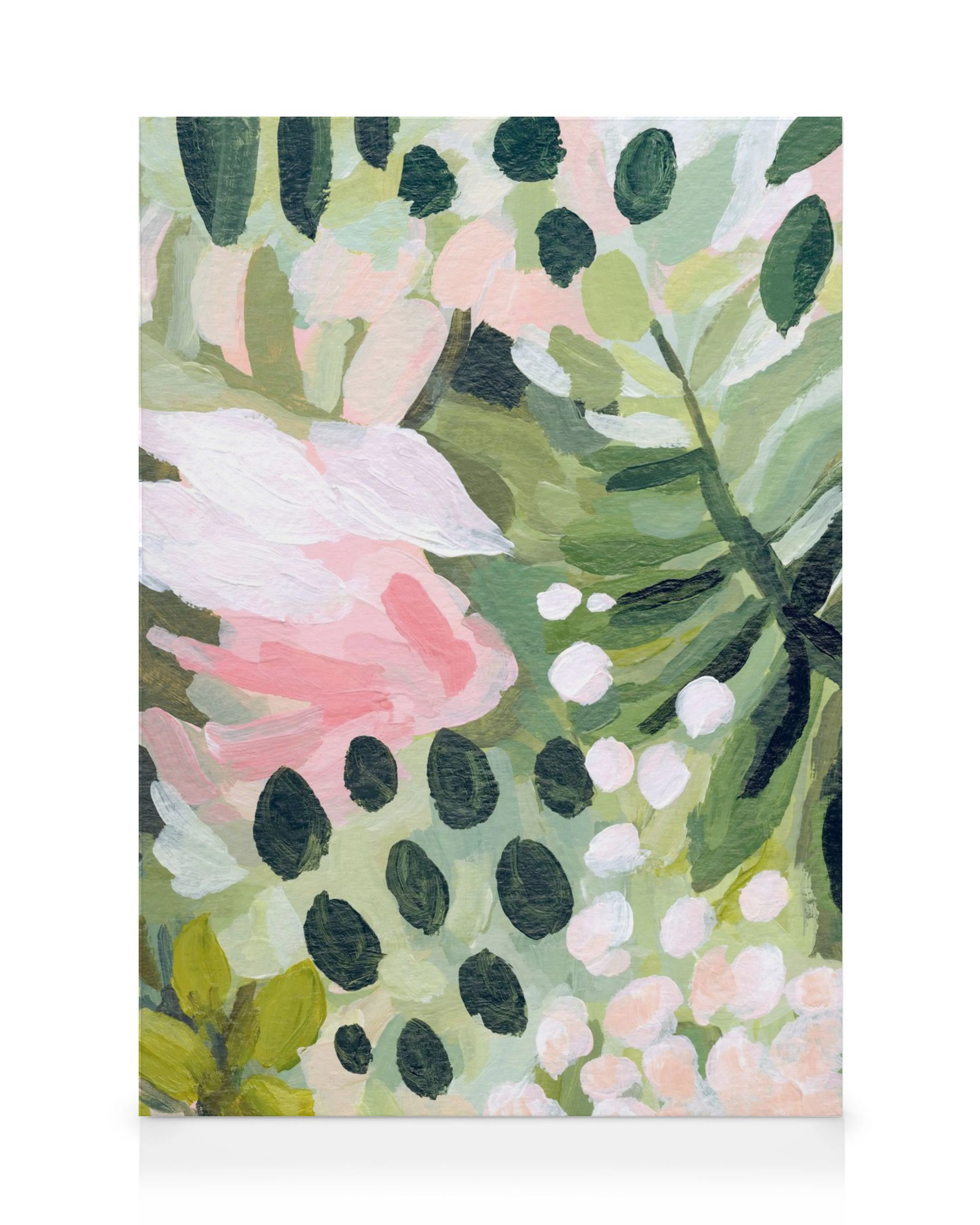 Abstraktes florales Leinwandbild mit rosa und grünen Pinselstrichen, die Blätter und Blüten darstellen.