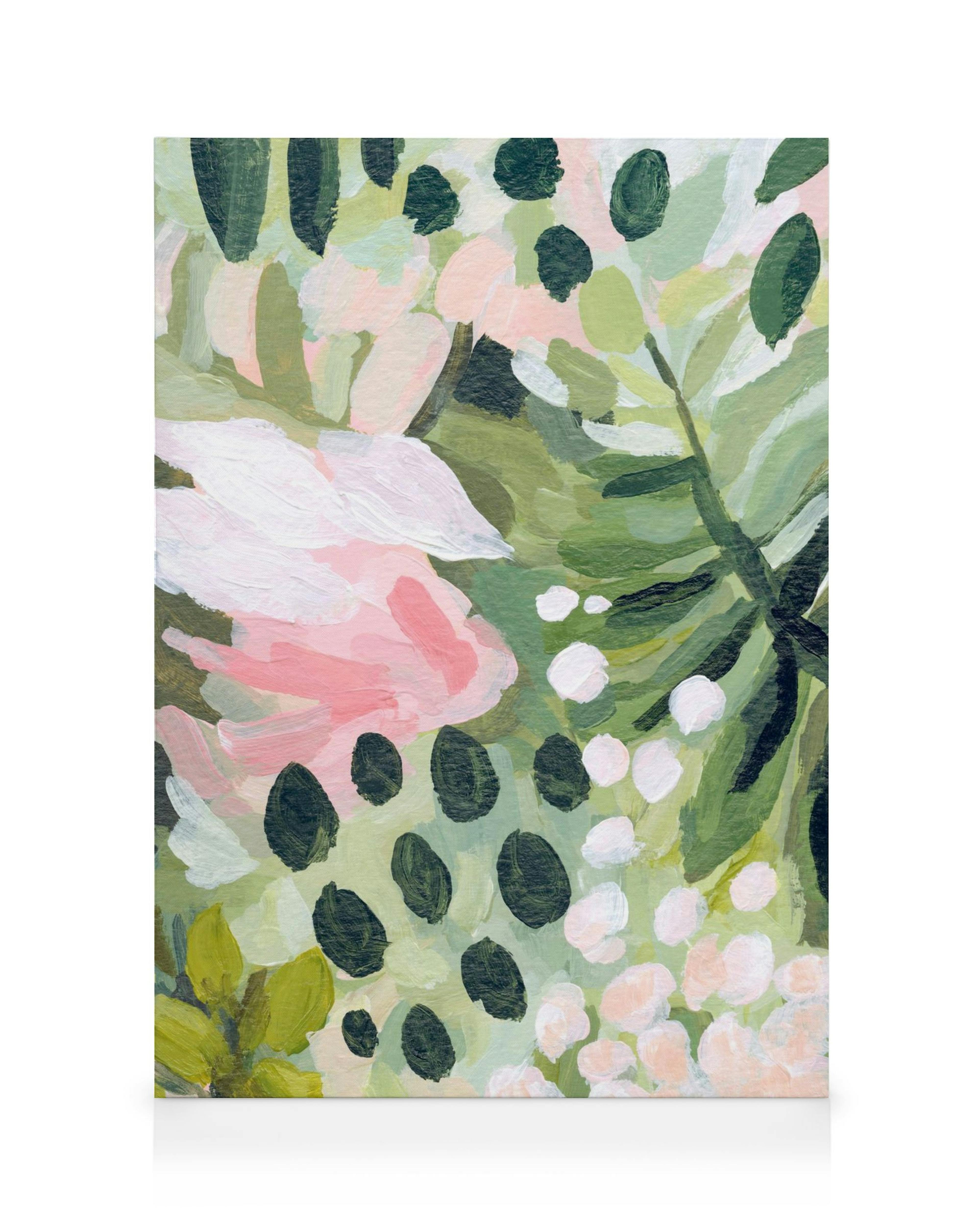 Botanique lærred med lyserøde blomster, grønne blade og mørke prikker, akrylmaling