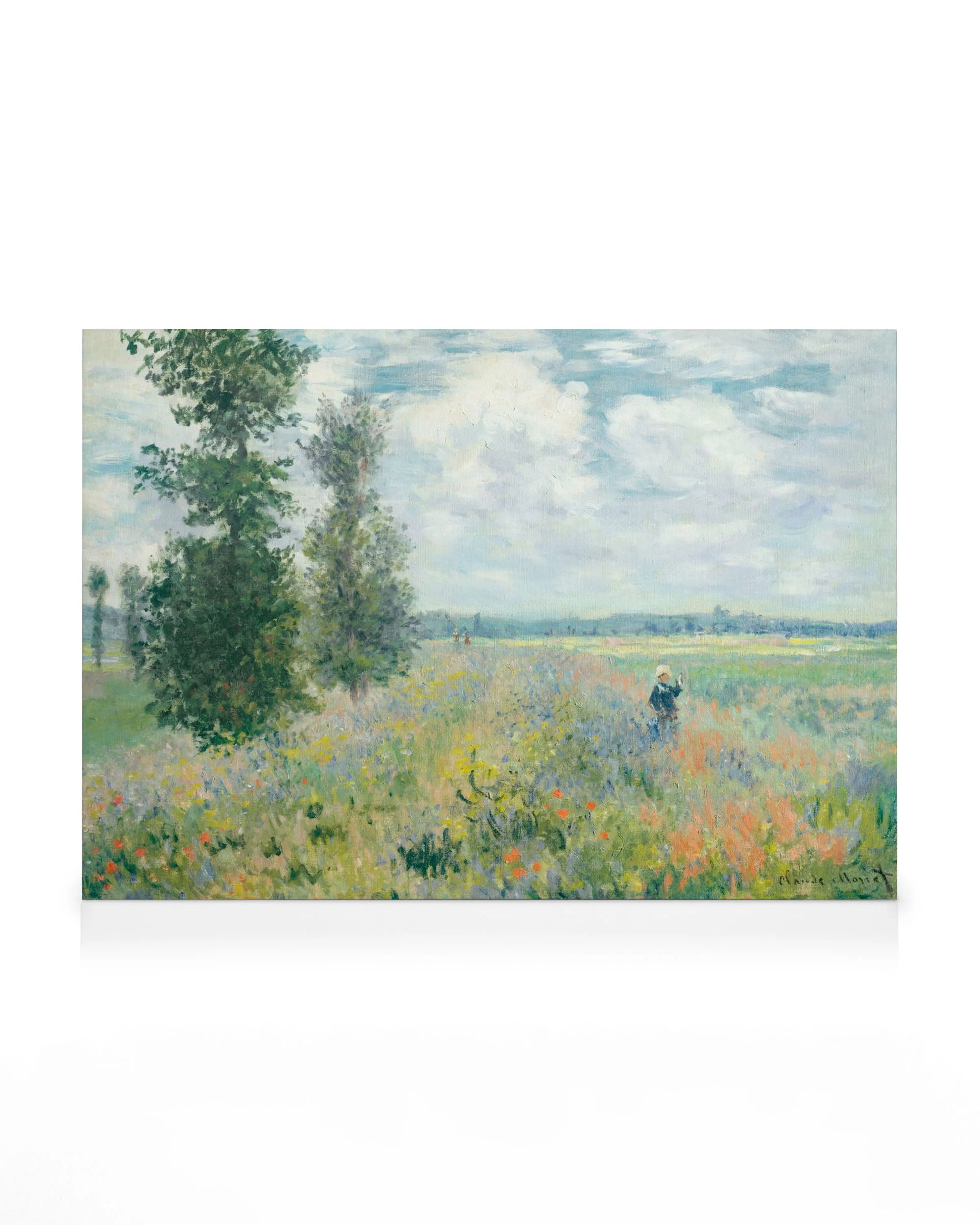 Monet valmuefelter nær Argenteuil lærred. Impressionistisk maleri med frodige grønne træer, farverige valmuer og en figur i et b