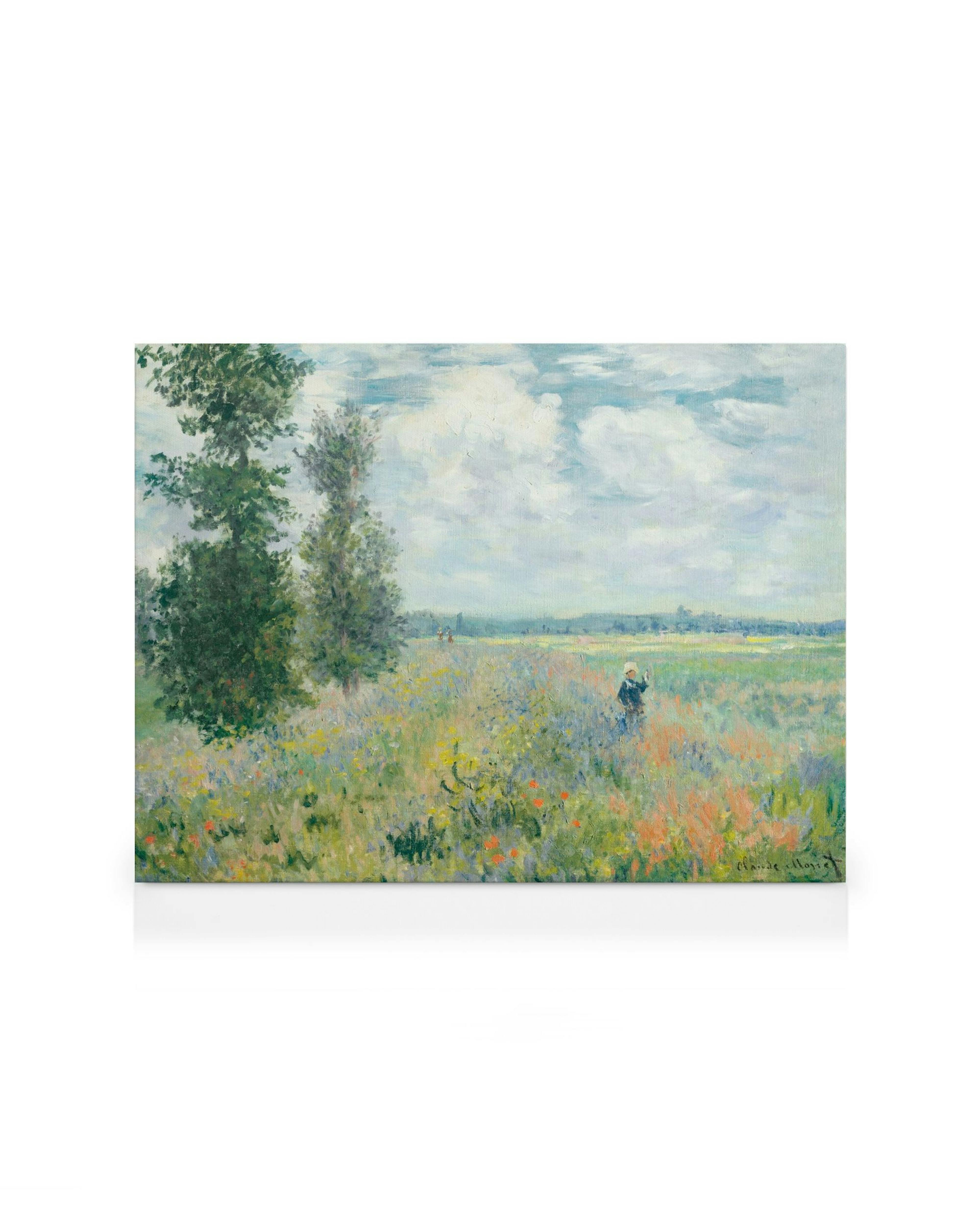 Stampa su tela Campi di papaveri vicino ad Argenteuil di Monet. Paesaggio impressionista con alberi, fiori e cielo azzurro.