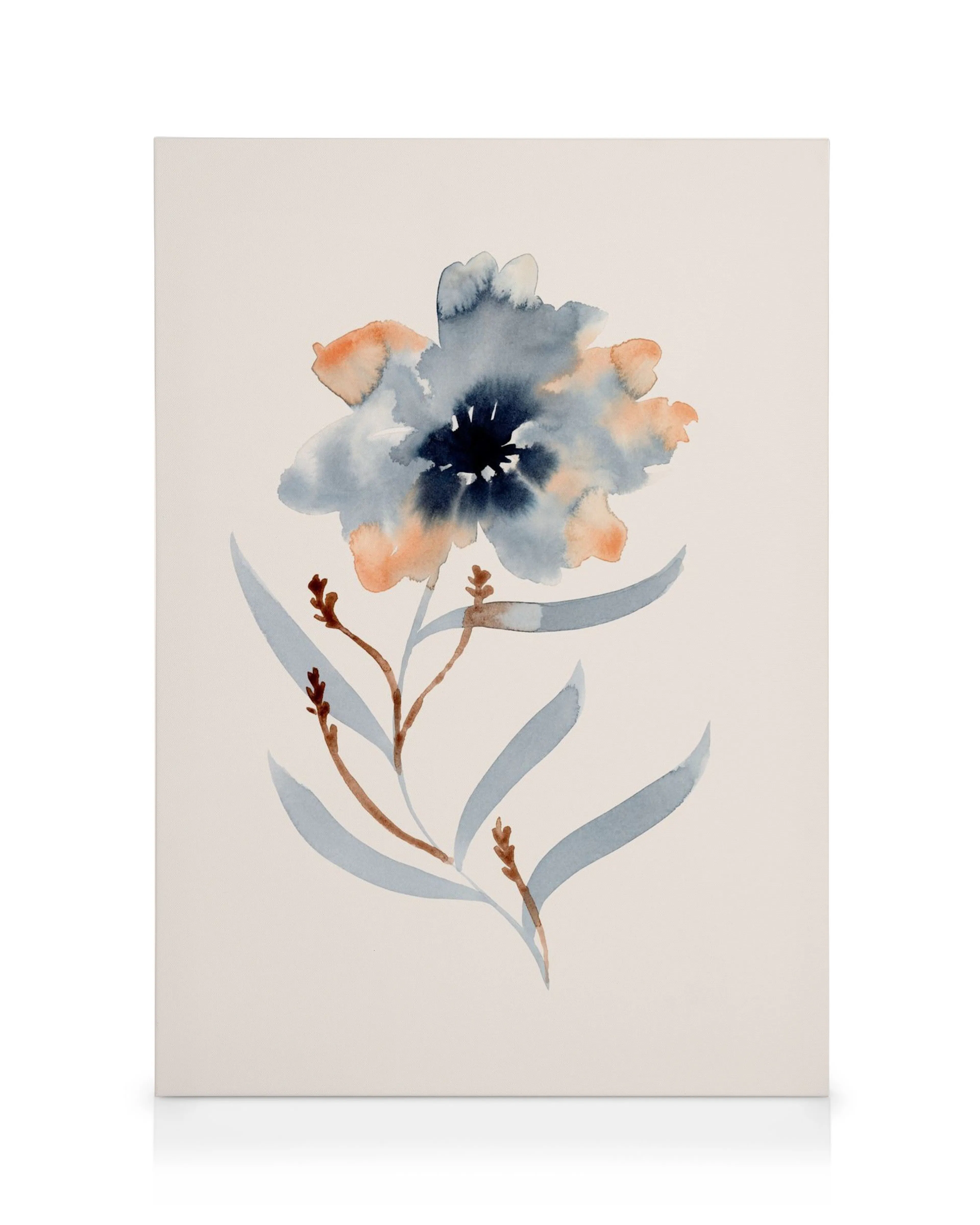 Pintura de acuarela de flores en tonos azules, negros, naranjas y marrones sobre fondo blanco.
