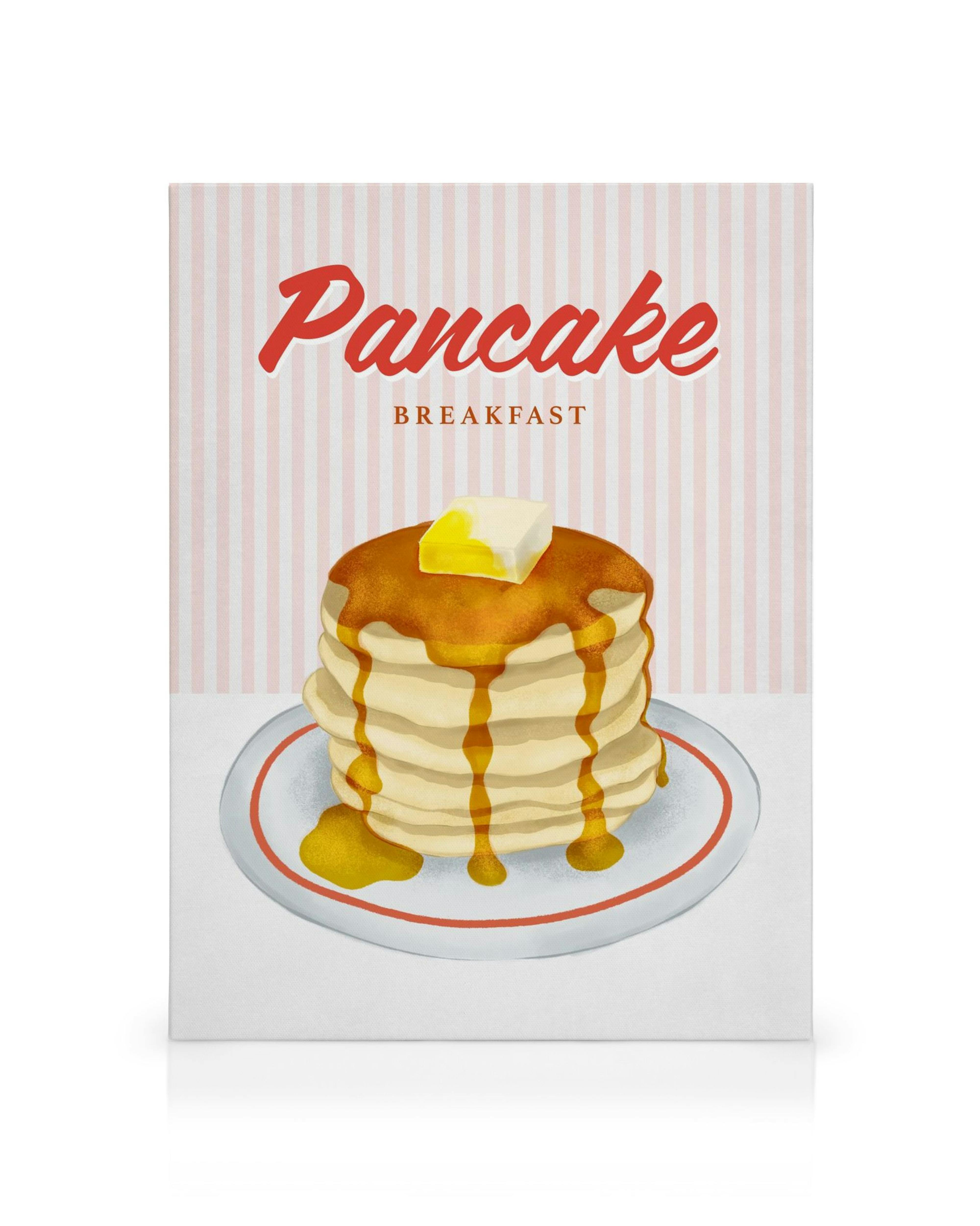 Obraz na płótnie: Stos naleśników z masłem i syropem na talerzu, napis Pancake Breakfast, tło w różowe paski.