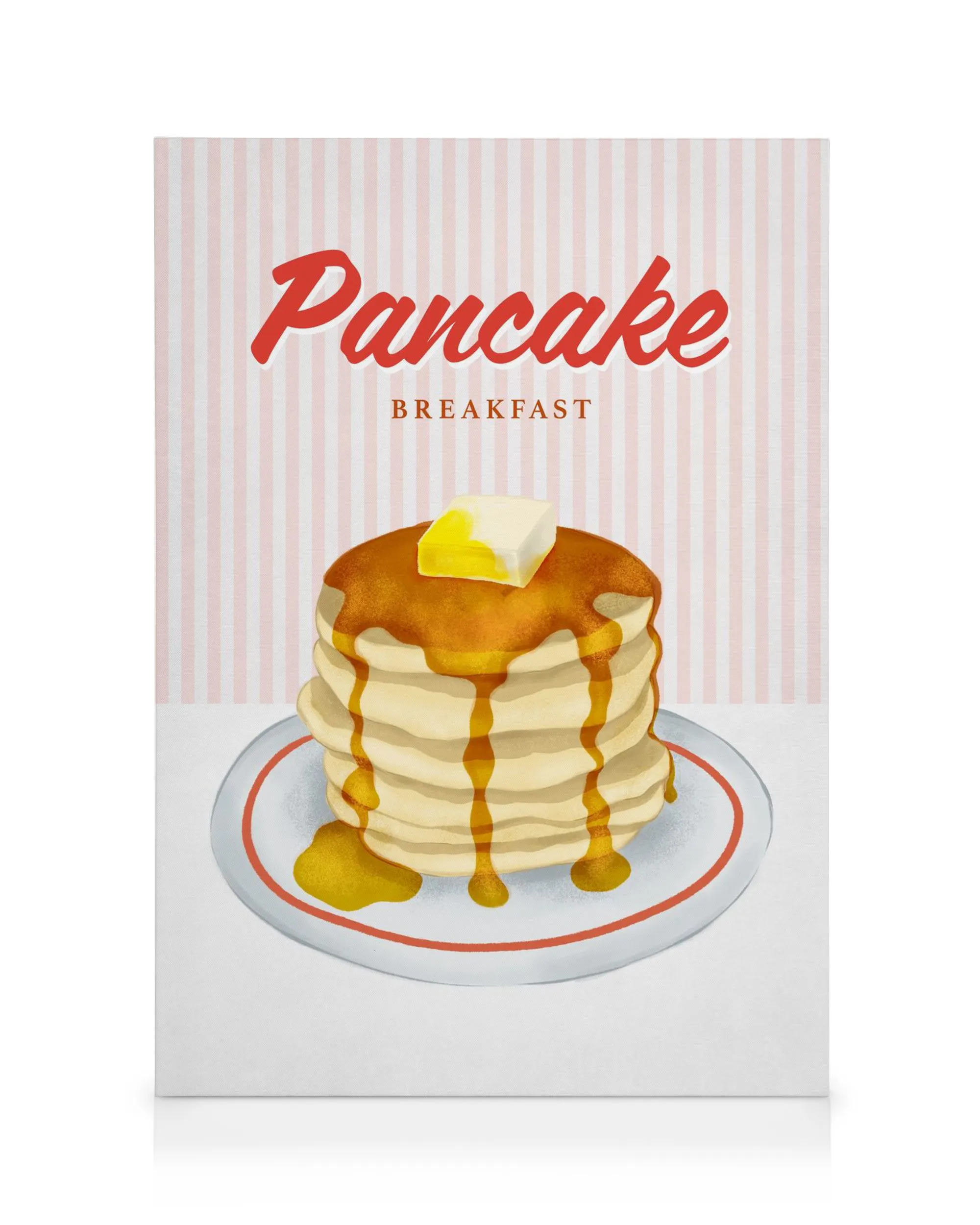 Illustration eines Stapels Pfannkuchen mit Ahornsirup und Butter auf einem Teller. Der Hintergrund zeigt rosa und weisse Streife