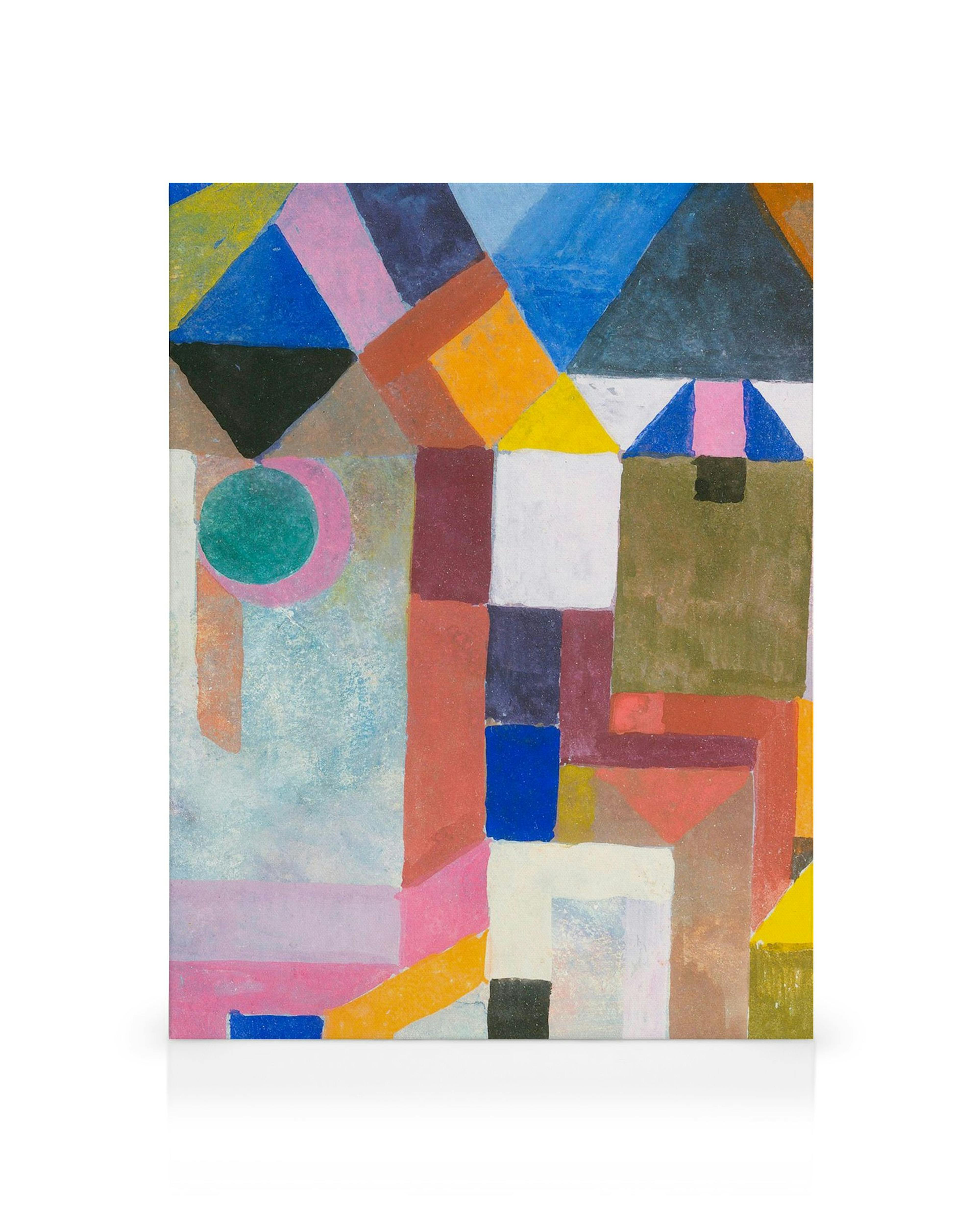 Lienzo abstracto de Paul Klee con formas geométricas superpuestas en azul, amarillo, rosa, marrón, negro y blanco, con textura r