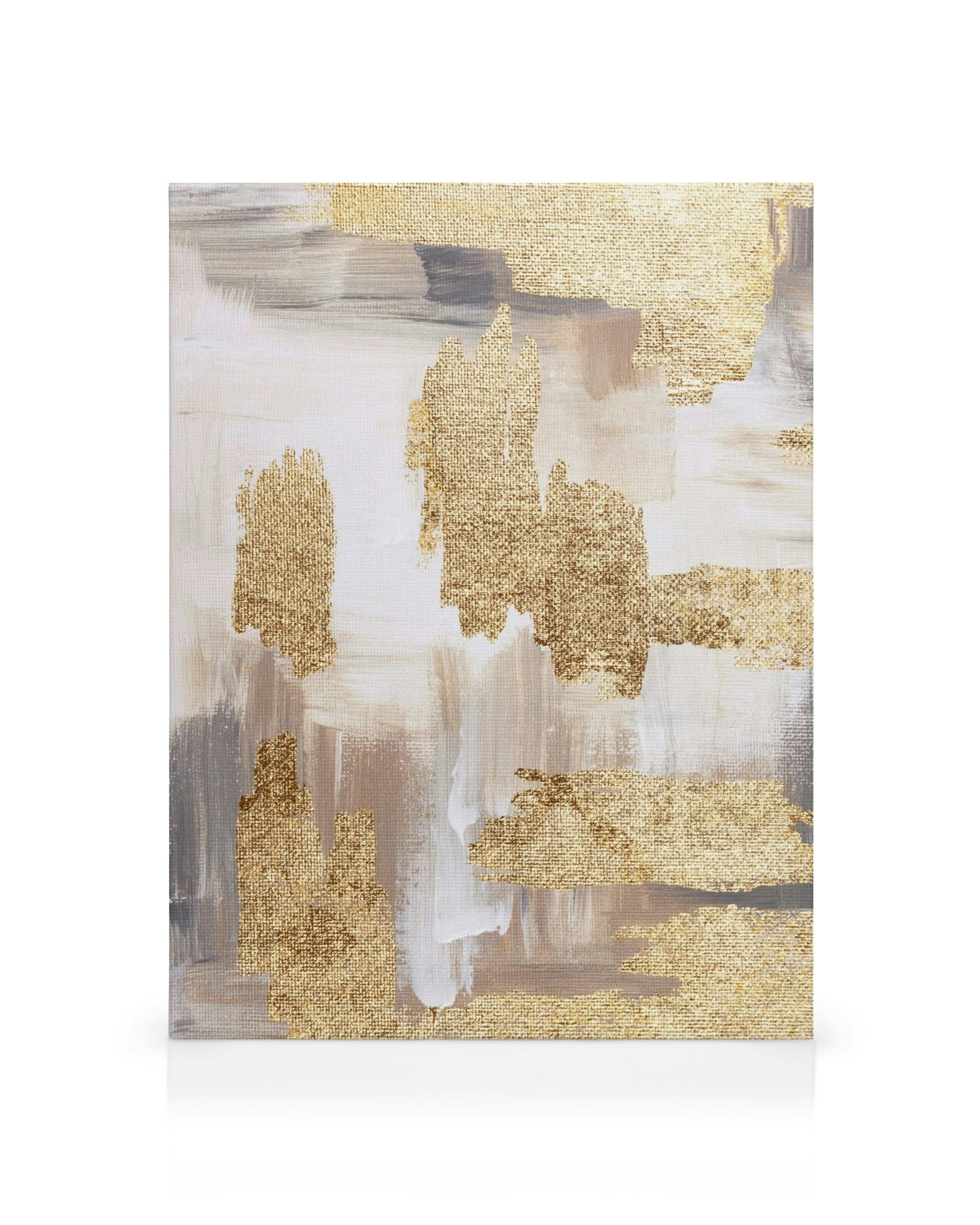 Toile abstraite avec des coups de pinceau dorés, blancs et gris, évoquant une peinture artistique moderne.