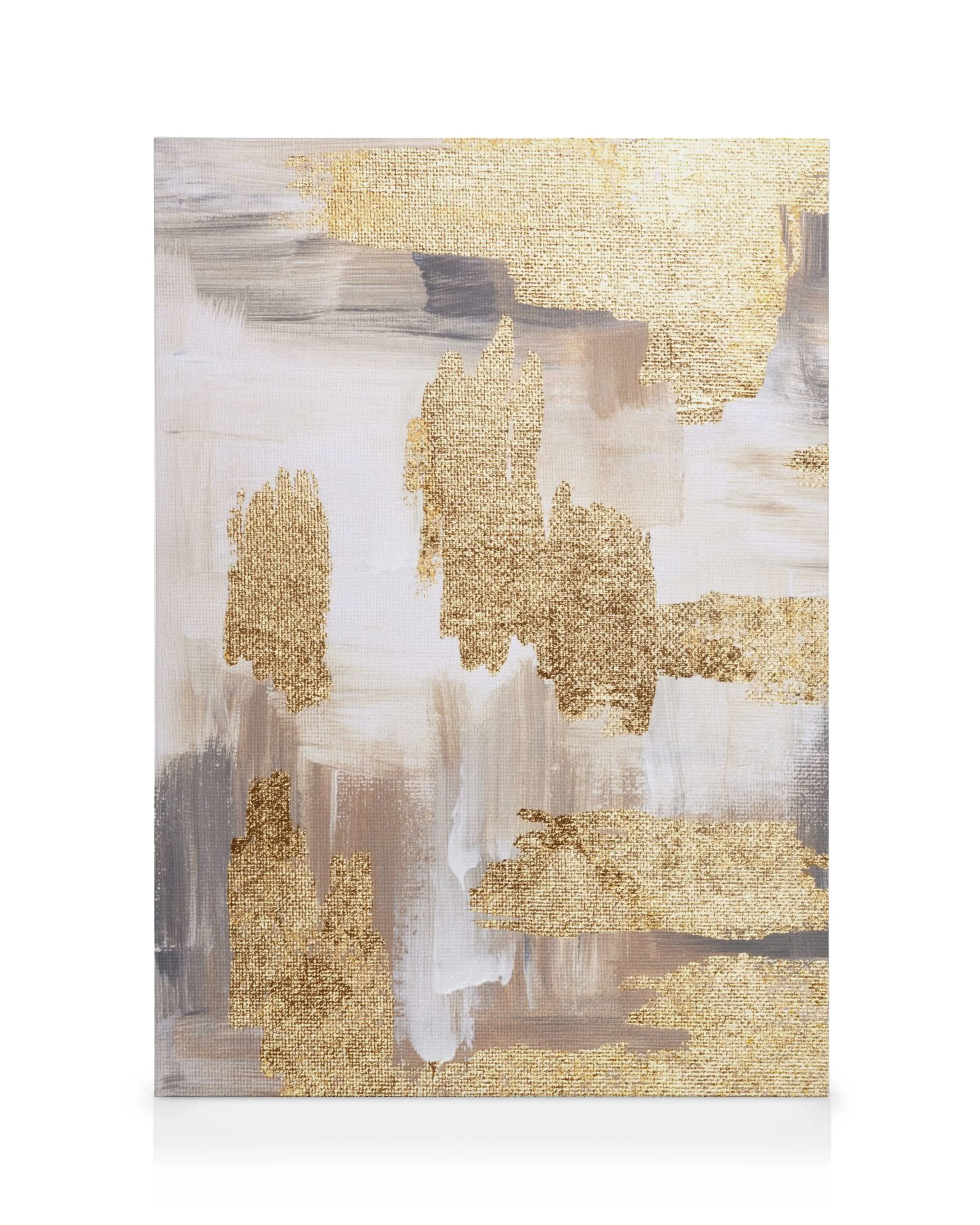 Abstract canvas print featuring bold gold brushstrokes over a neutral background of white, grey, and beige tones.