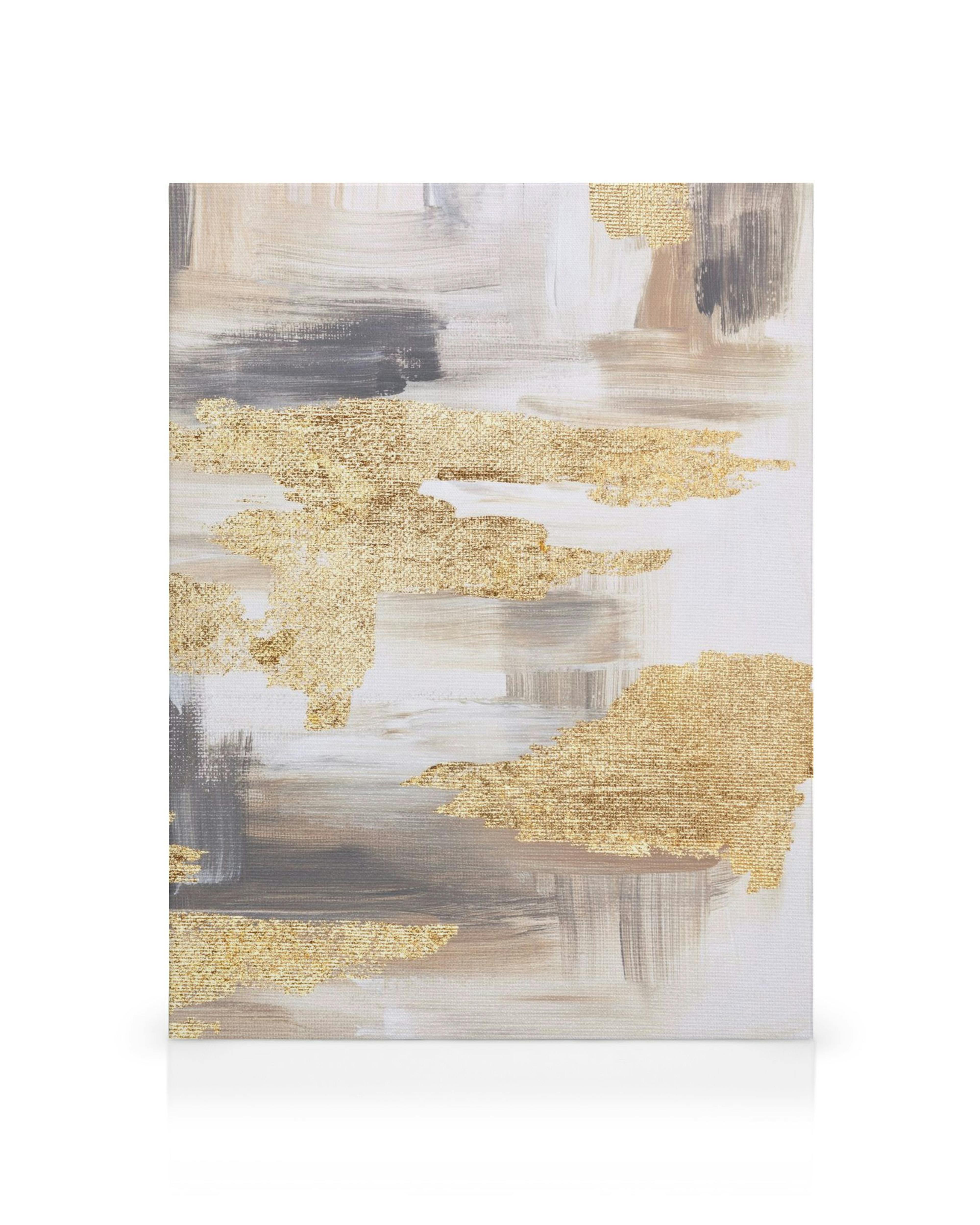 Abstract gold, white, and gray brushstroke canvas print with glittery texture for elegant wall decor.