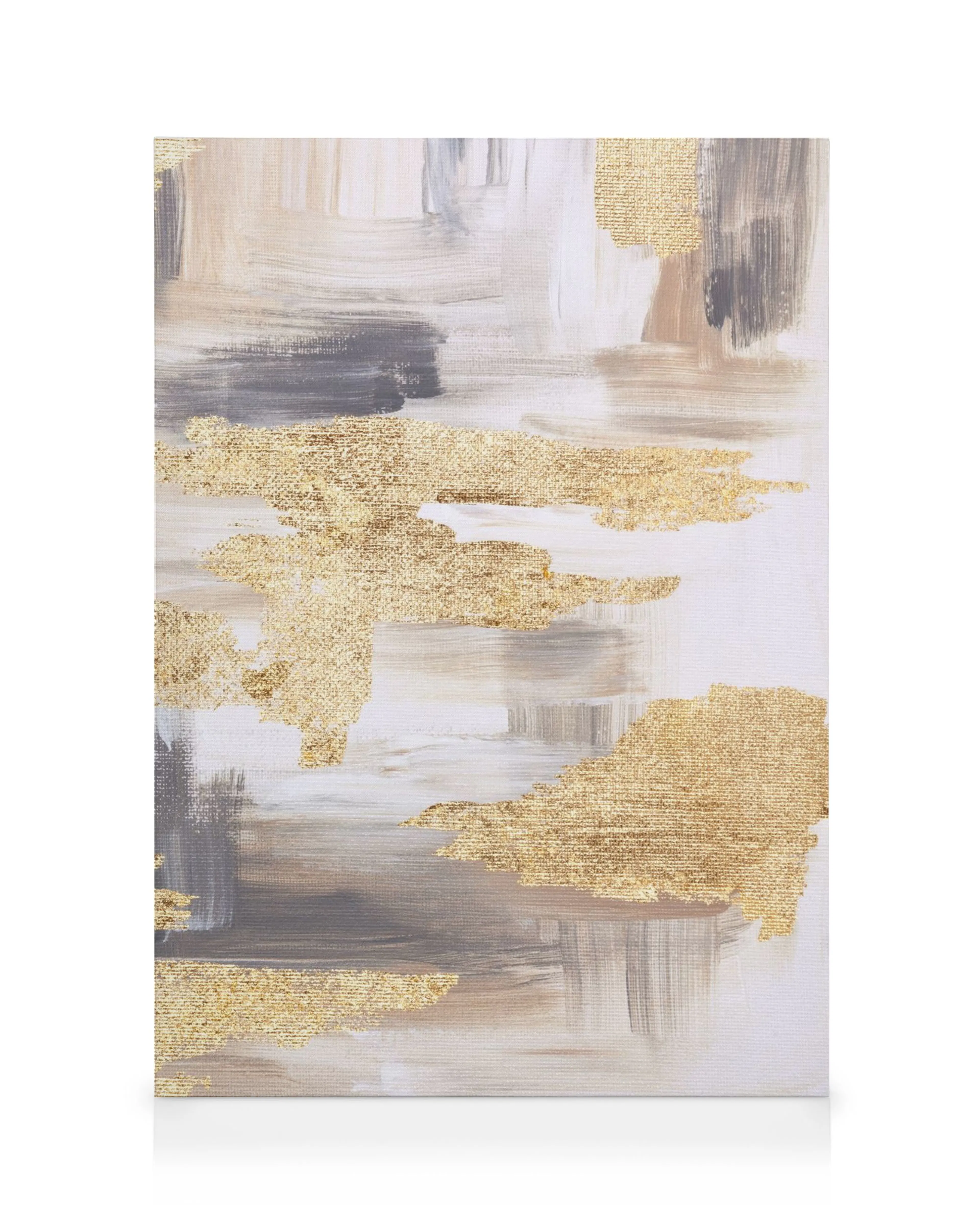 Stampa su tela astratta con pennellate oro glitterato, bianco e grigio, creando un contrasto affascinante.