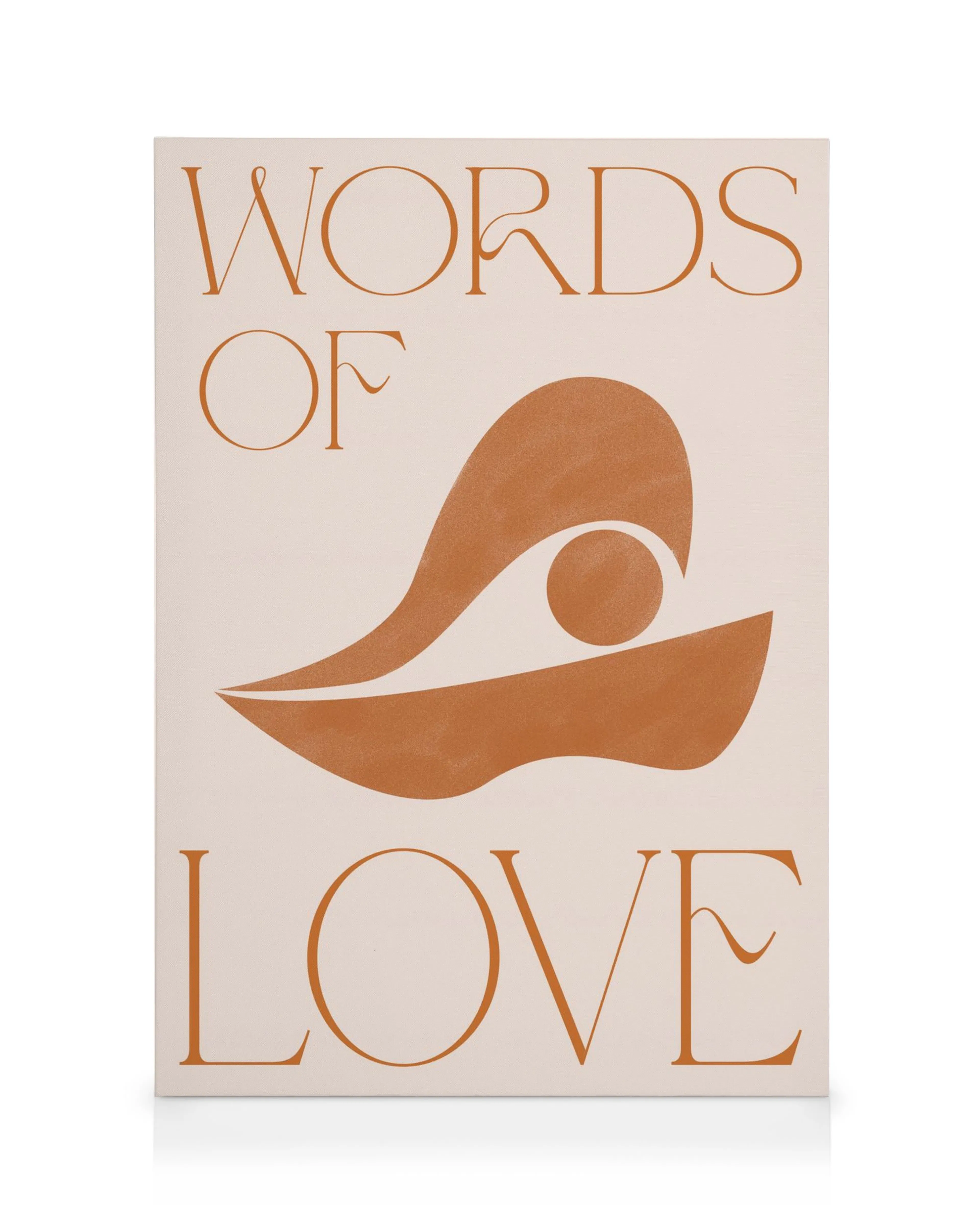 Obraz na płótnie: brązowy napis Words Of Love na jasnoróżowym tle z abstrakcyjnym brązowym kształtem, styl art deco.