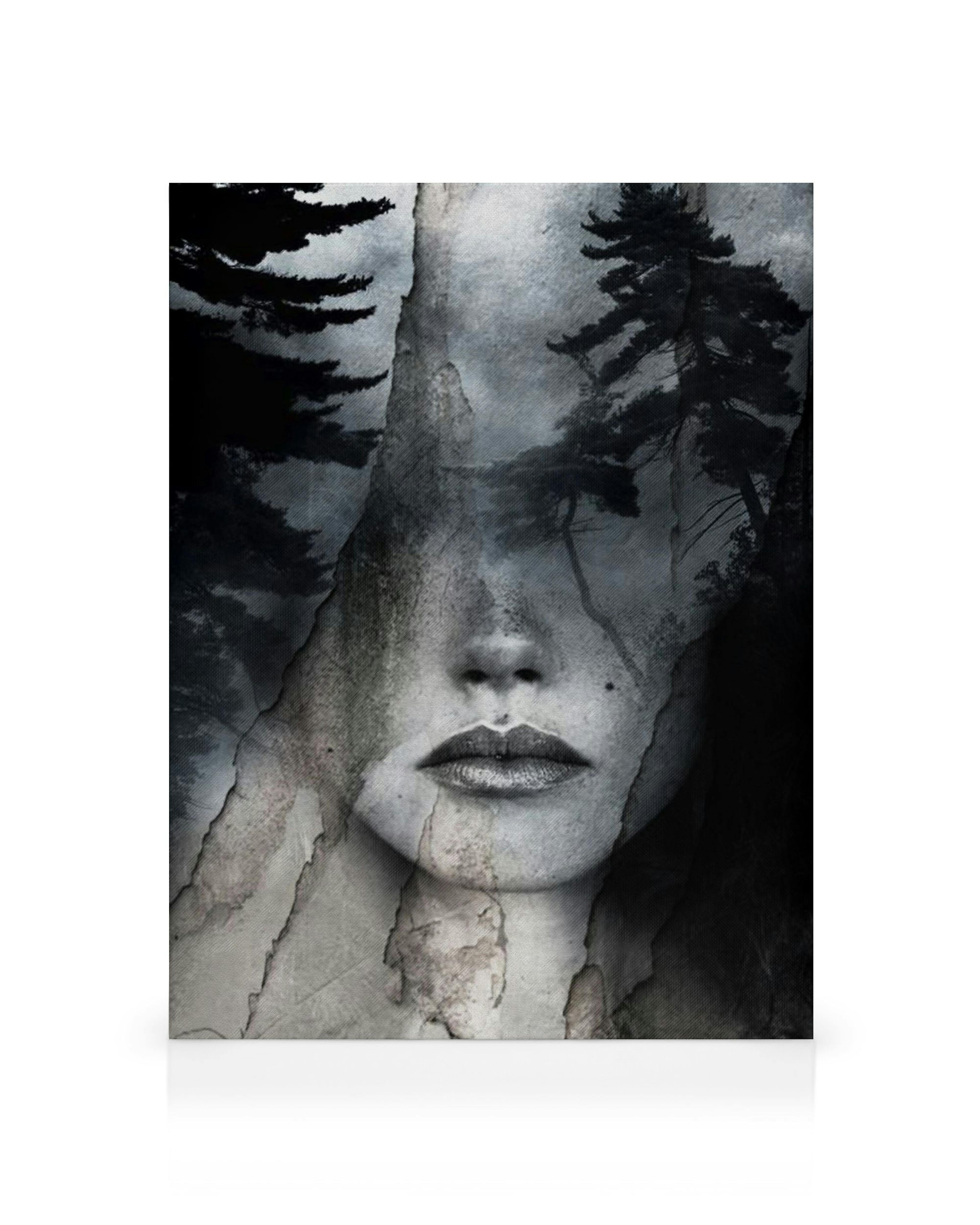 Monochroom canvas met vrouwengezicht, donkere gebarsten textuur en pijnbomen. Serene fotowand kunst.