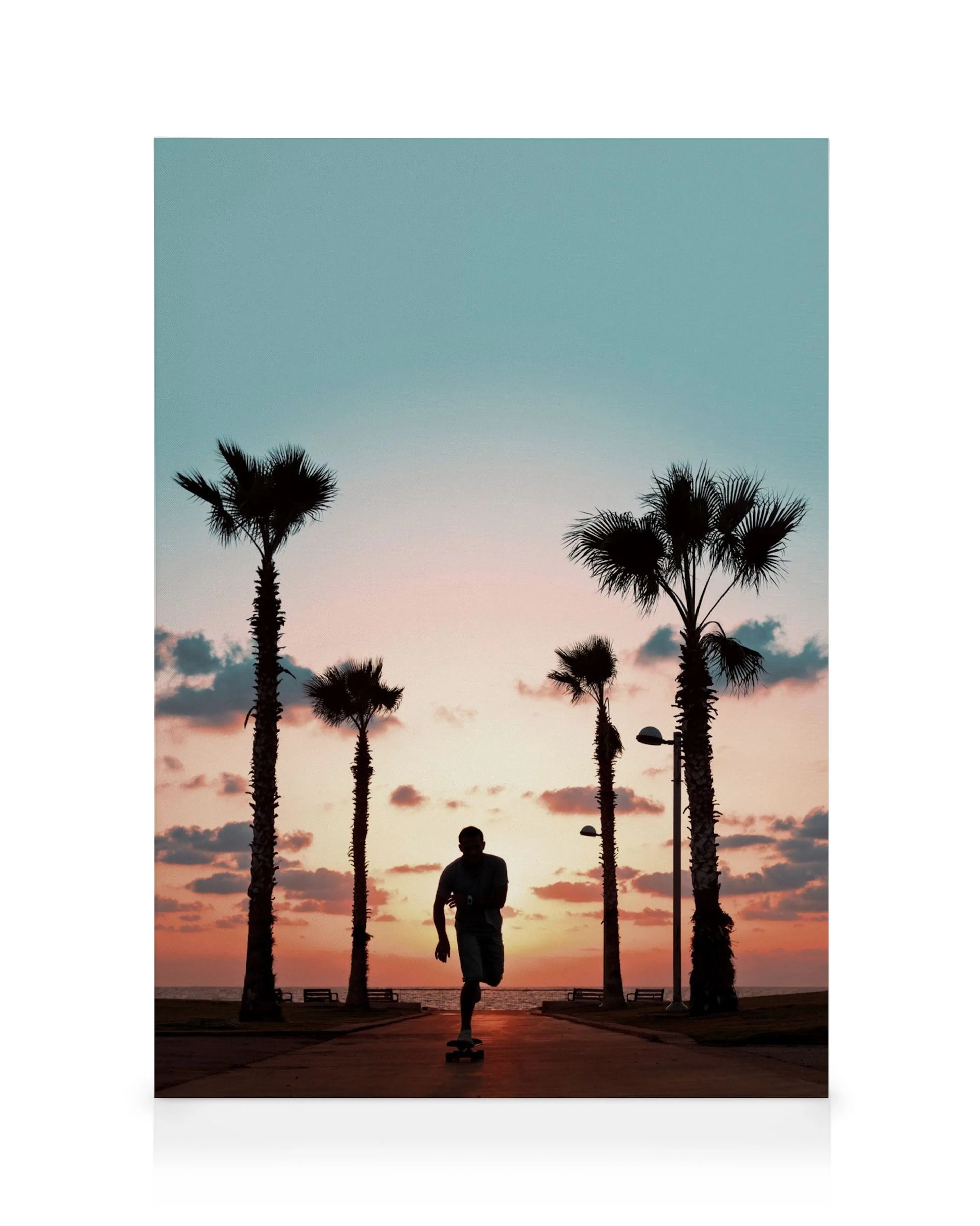 Leinwandbild: Skateboardfahrer bei Sonnenuntergang, Palmen und Meer im Hintergrund, lebendige Farbverläufe am Himmel.