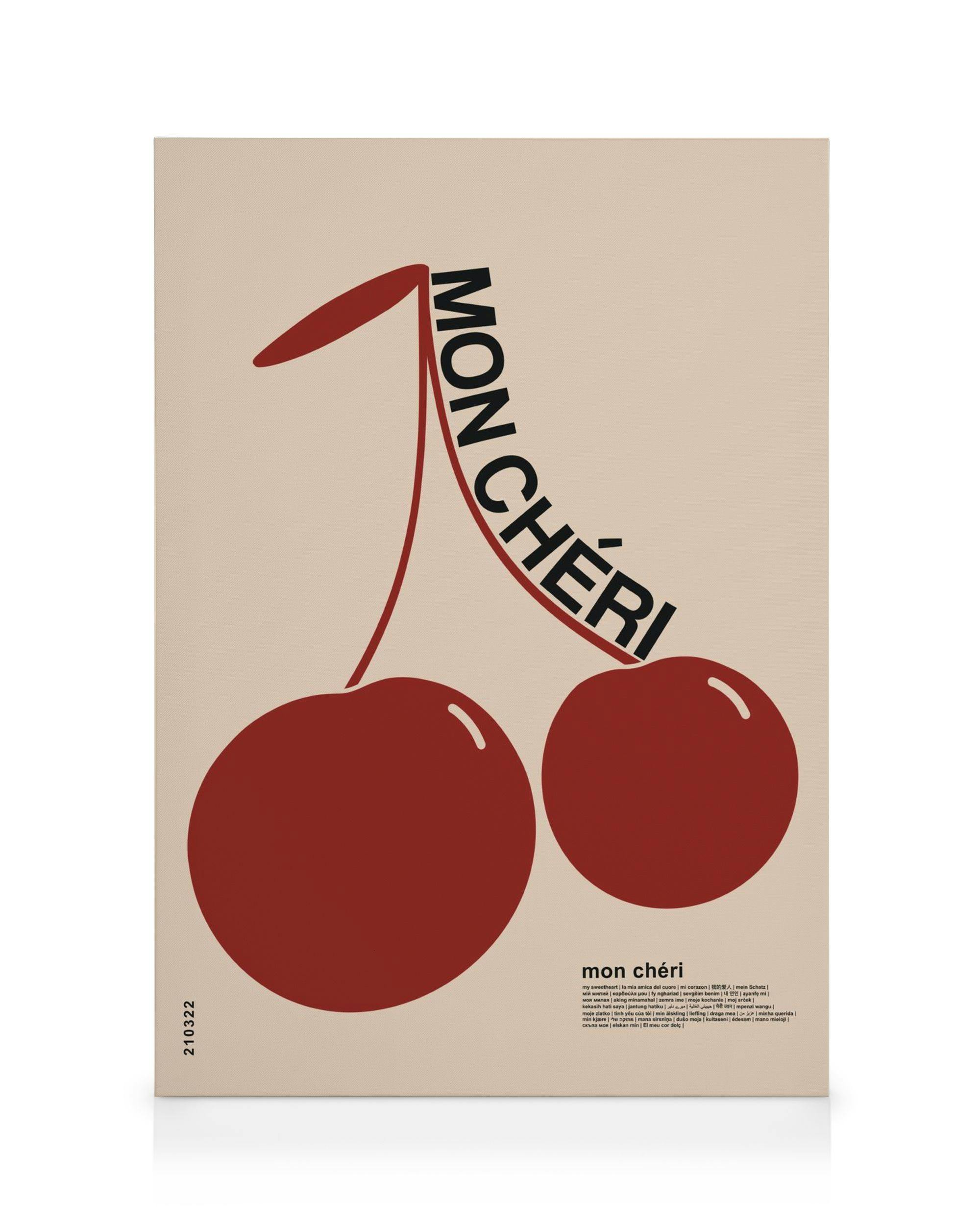 Leinwandbild Mon Cheri, minimalistische rote Kirschen auf hellem Hintergrund mit MON CHÉRI Text