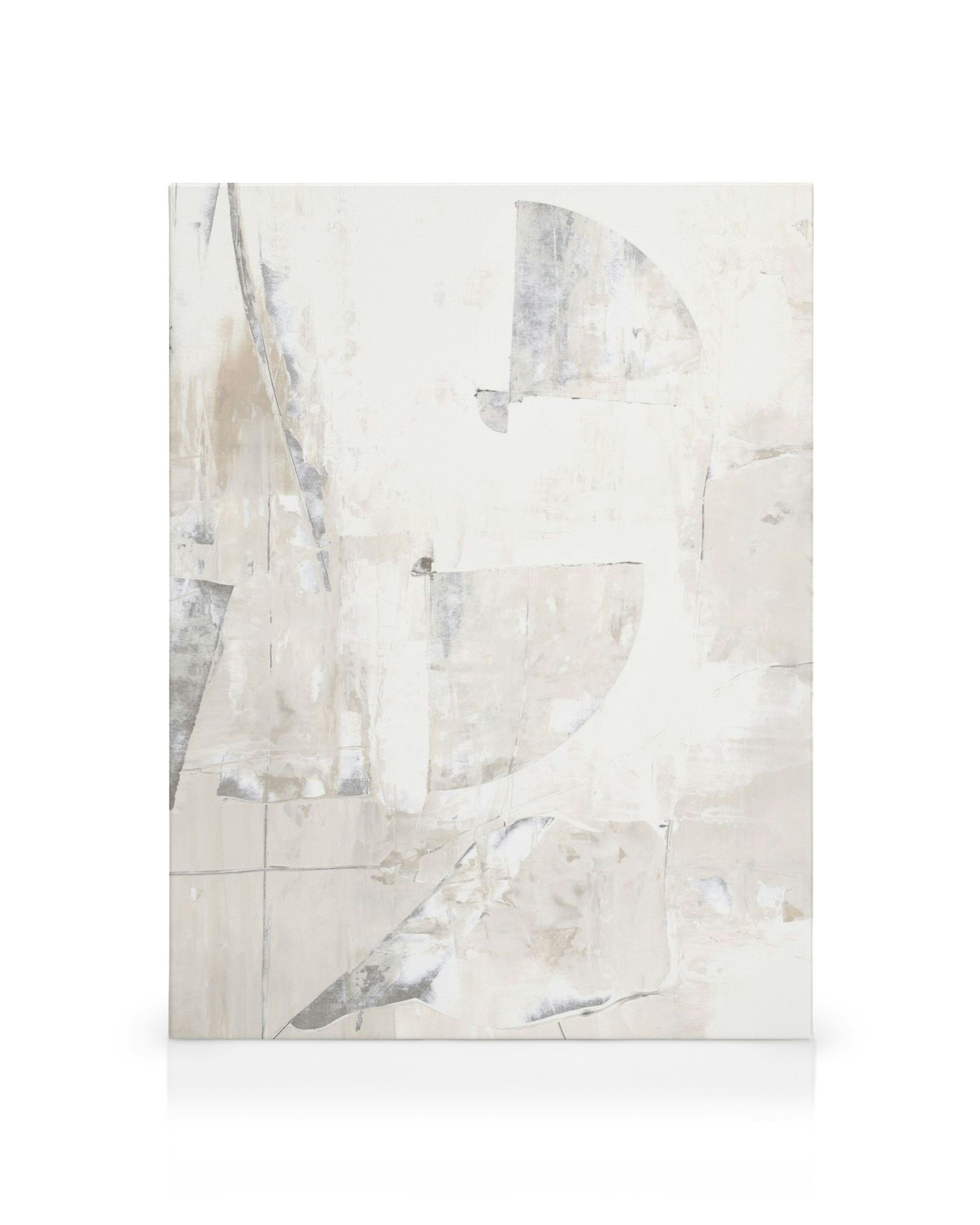 Abstract canvas print with white and grey geometric shapes, visible textures, and rough brush strokes.